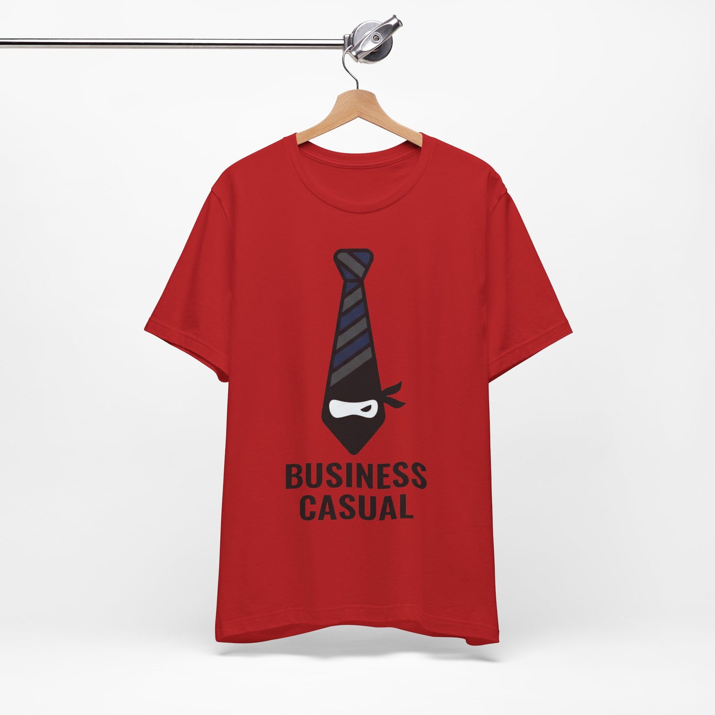 Red Bella+Canvas 3001 unisex tee with Business Casual ninja in tie graphic, on hanger