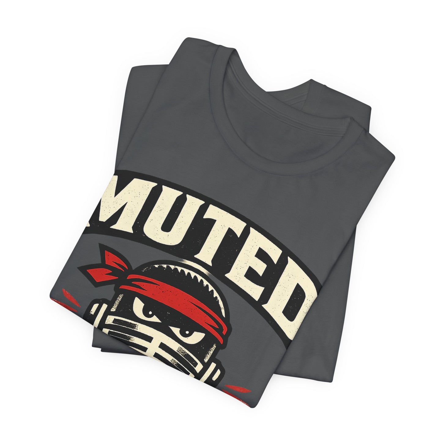 Asphalt Bella+Canvas 3001 unisex tee with Muted But Dangerous ninja graphic, flat lay
