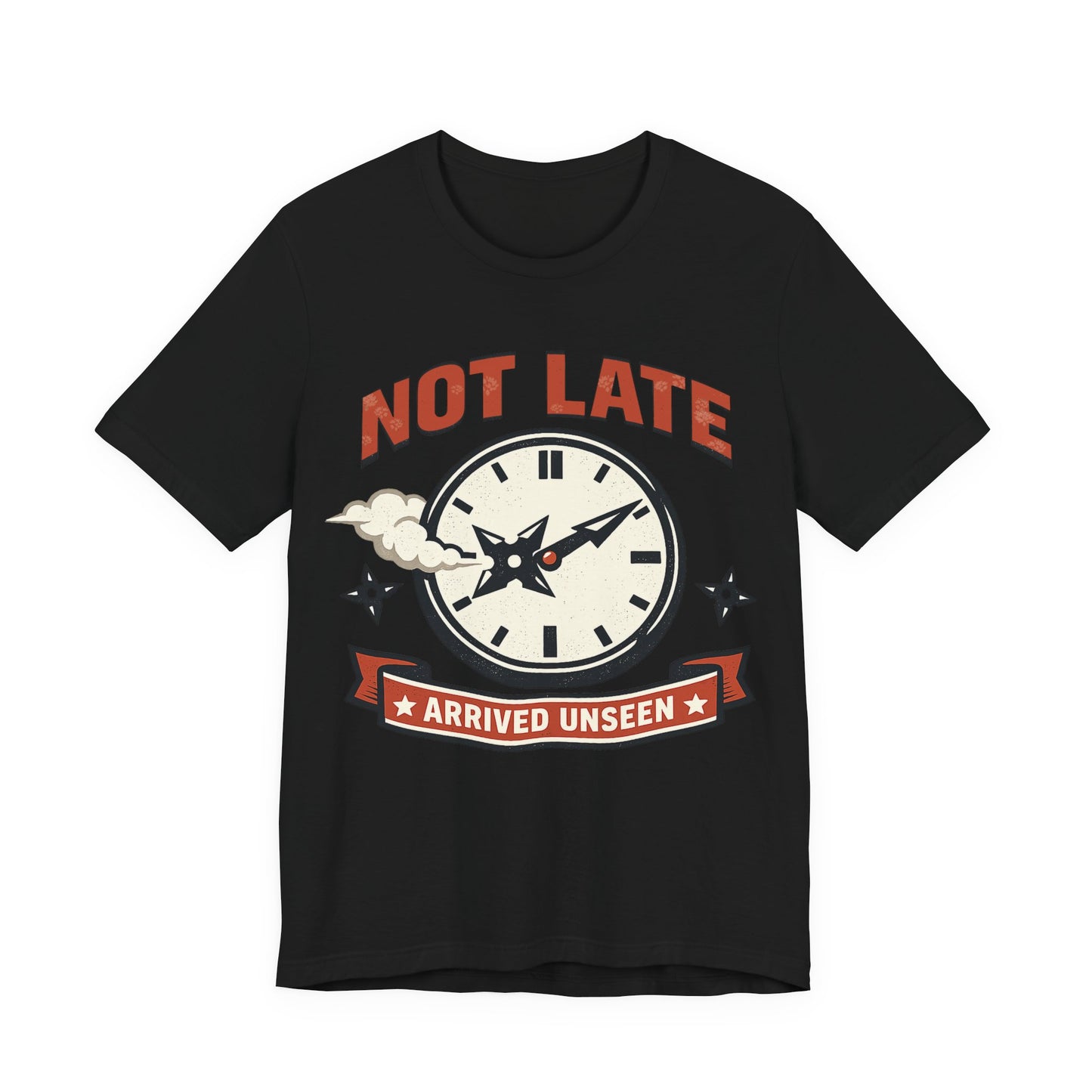 Black Bella+Canvas 3001 unisex tee with Not Late Arrived Unseen ninja clock design, flat lay