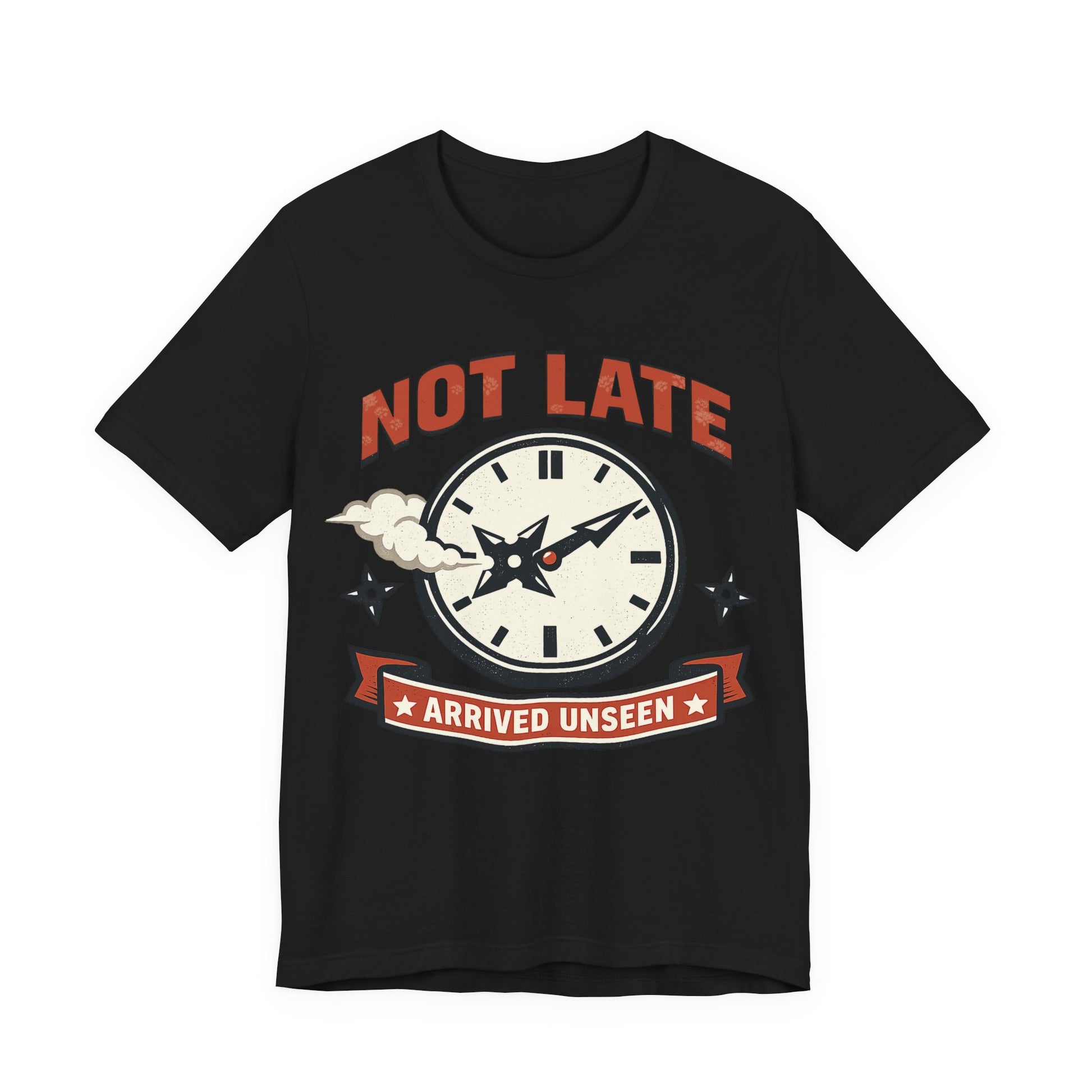Black Bella+Canvas 3001 unisex tee with Not Late Arrived Unseen ninja clock design, flat lay