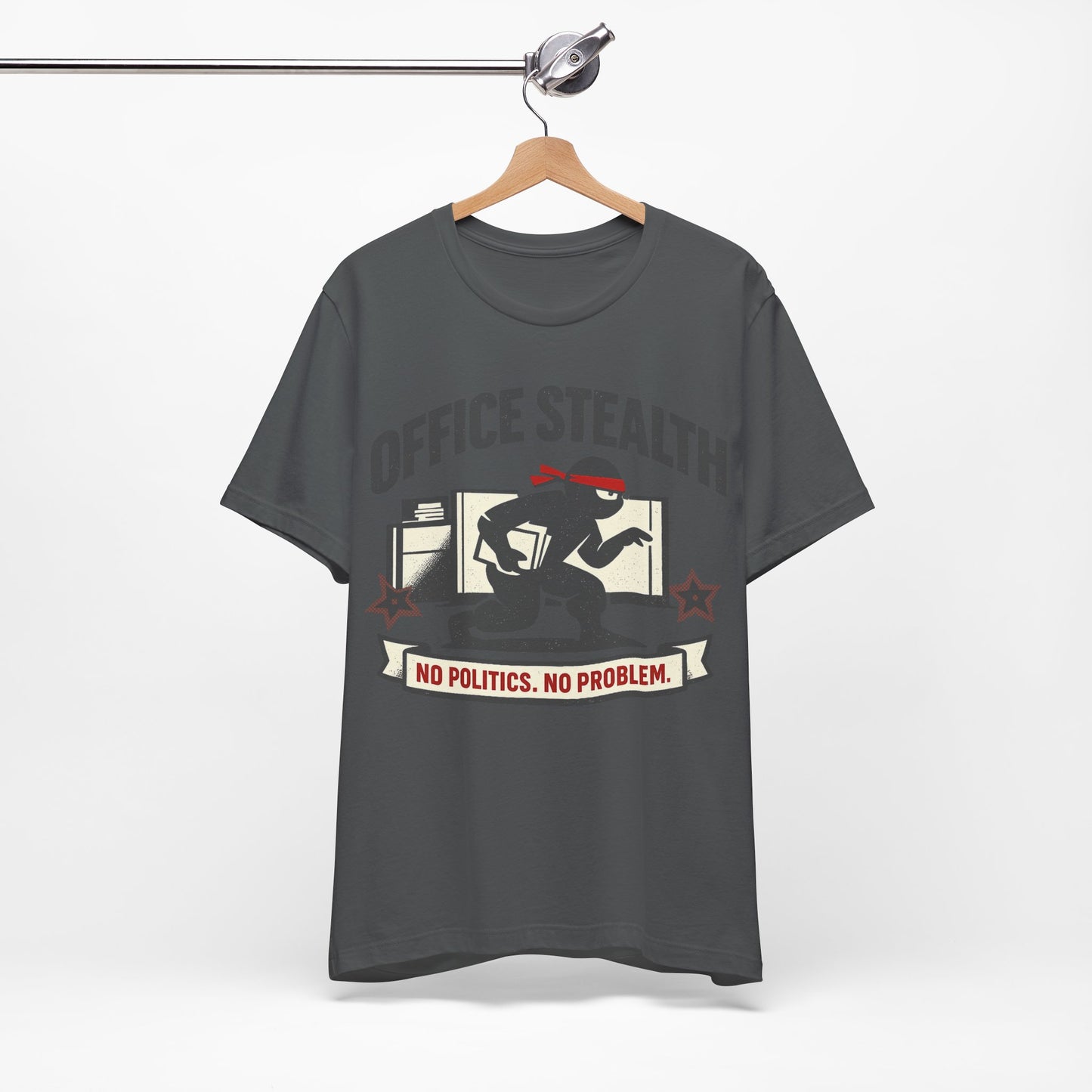 Red Bella+Canvas 3001 unisex tee with Office Stealth vintage faded ninja design, flat lay