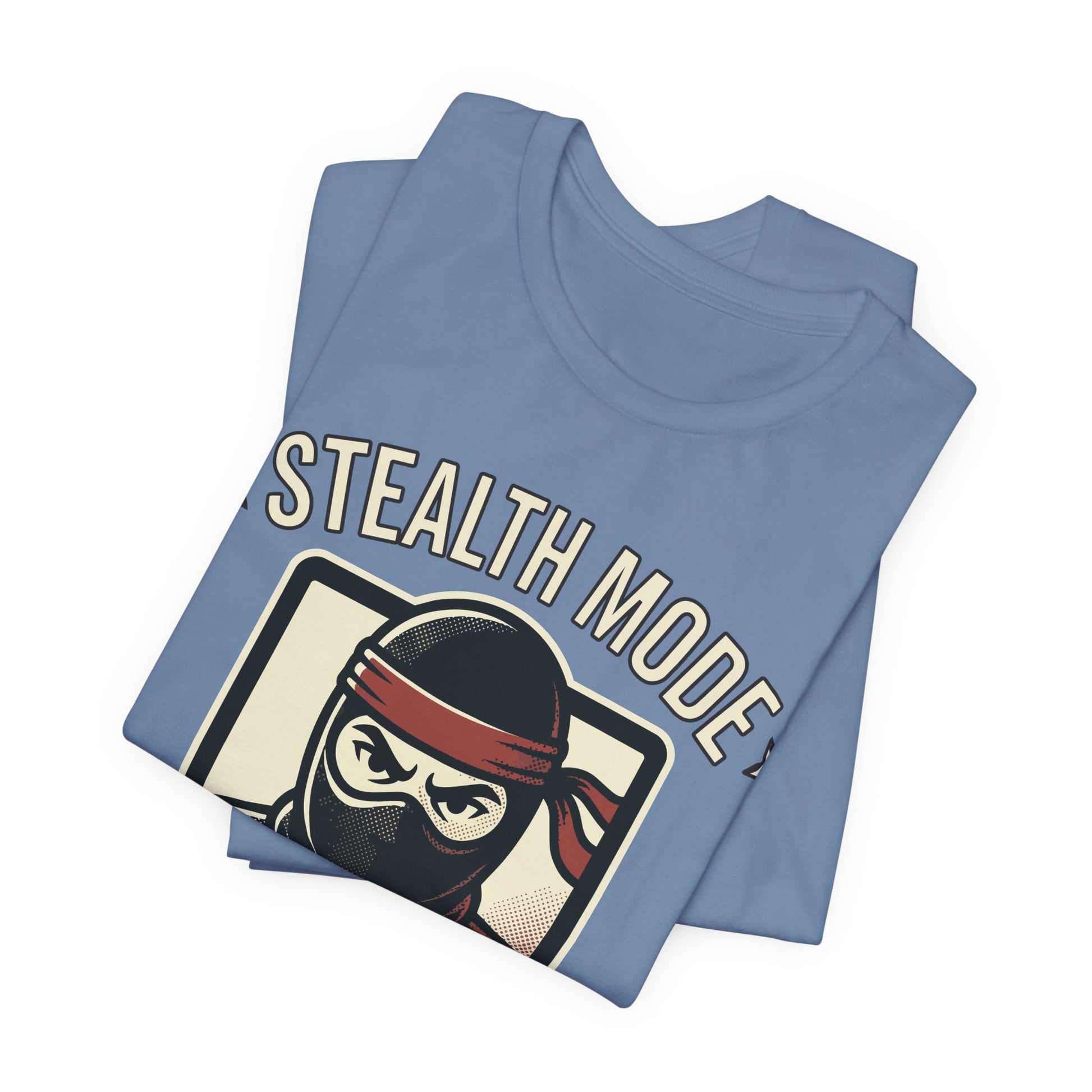 Steel Blue Bella+Canvas 3001 unisex tee with Stealth Mode On ninja laptop graphic, detail view