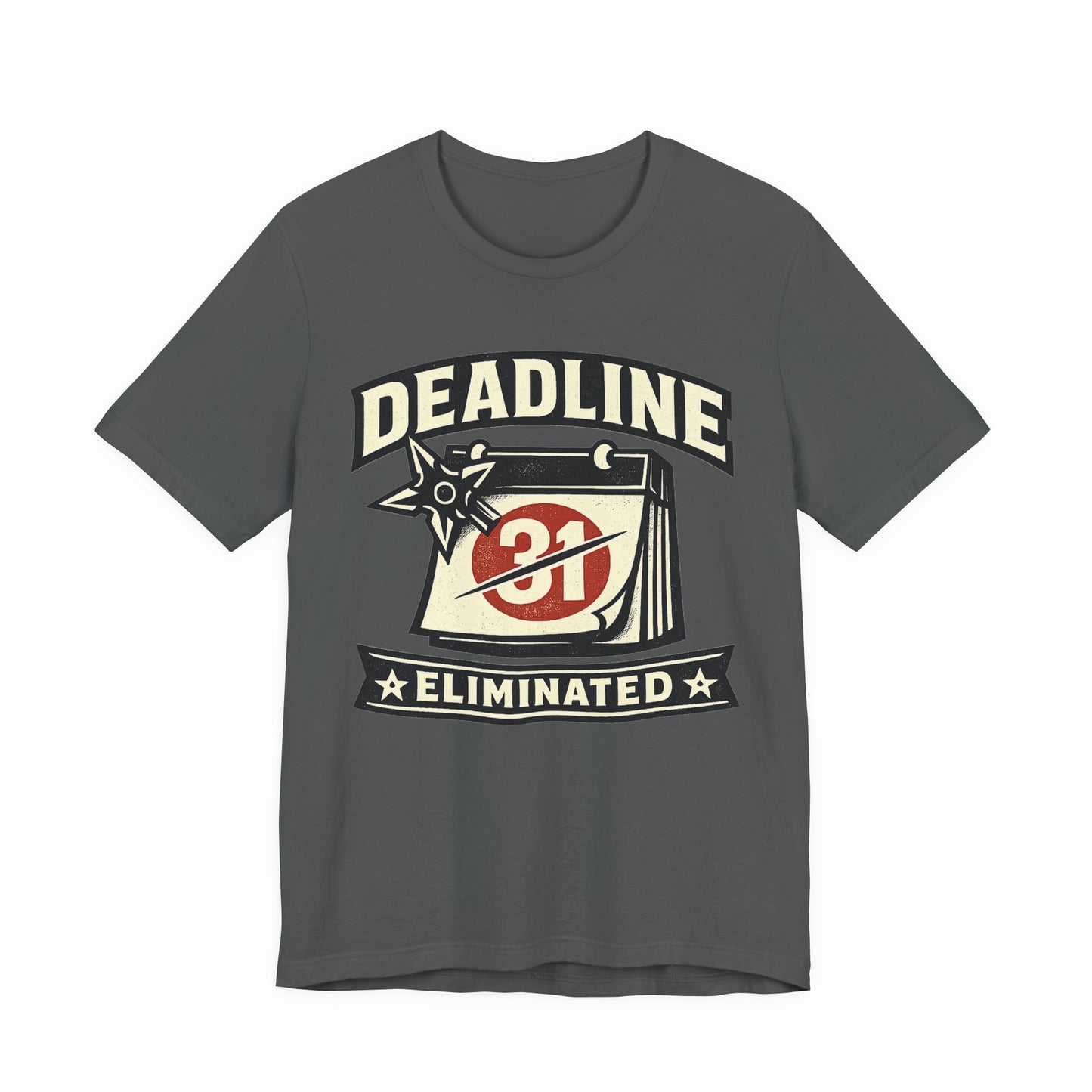 Asphalt Bella+Canvas 3001 unisex tee with Deadline Eliminated ninja badge graphic, flat lay
