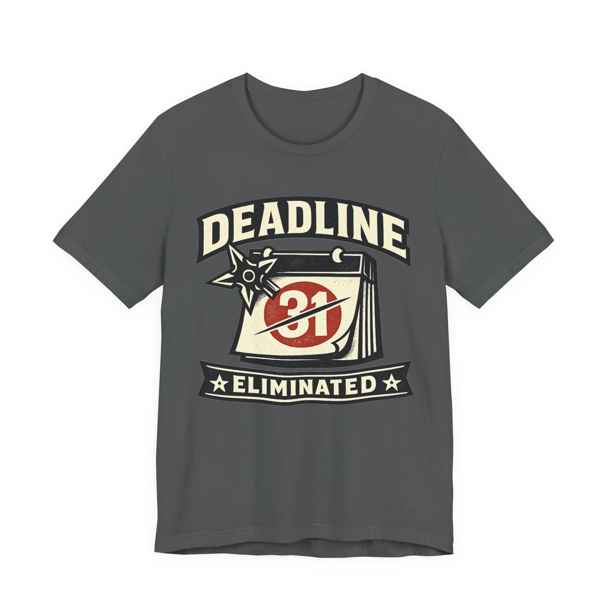 Asphalt Bella+Canvas 3001 unisex tee with Deadline Eliminated ninja badge graphic, flat lay