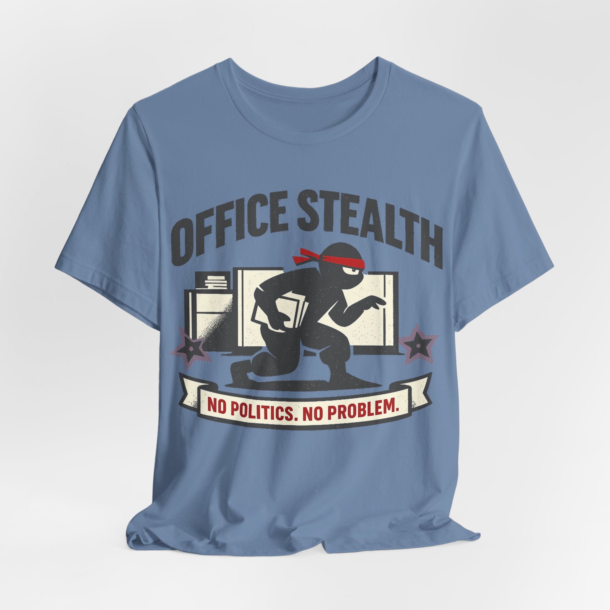 Black Bella+Canvas 3001 unisex tee with Office Stealth vintage faded ninja design, on hanger