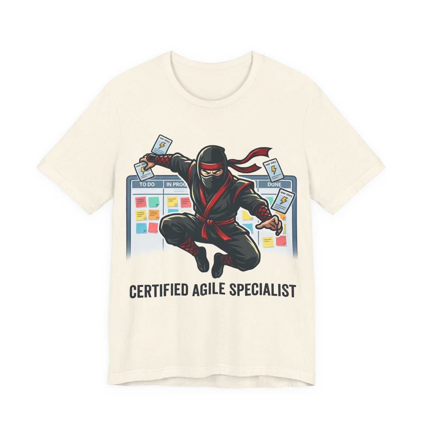 Natural Bella+Canvas 3001 unisex tee with Certified Agile Specialist ninja kanban design, flat lay