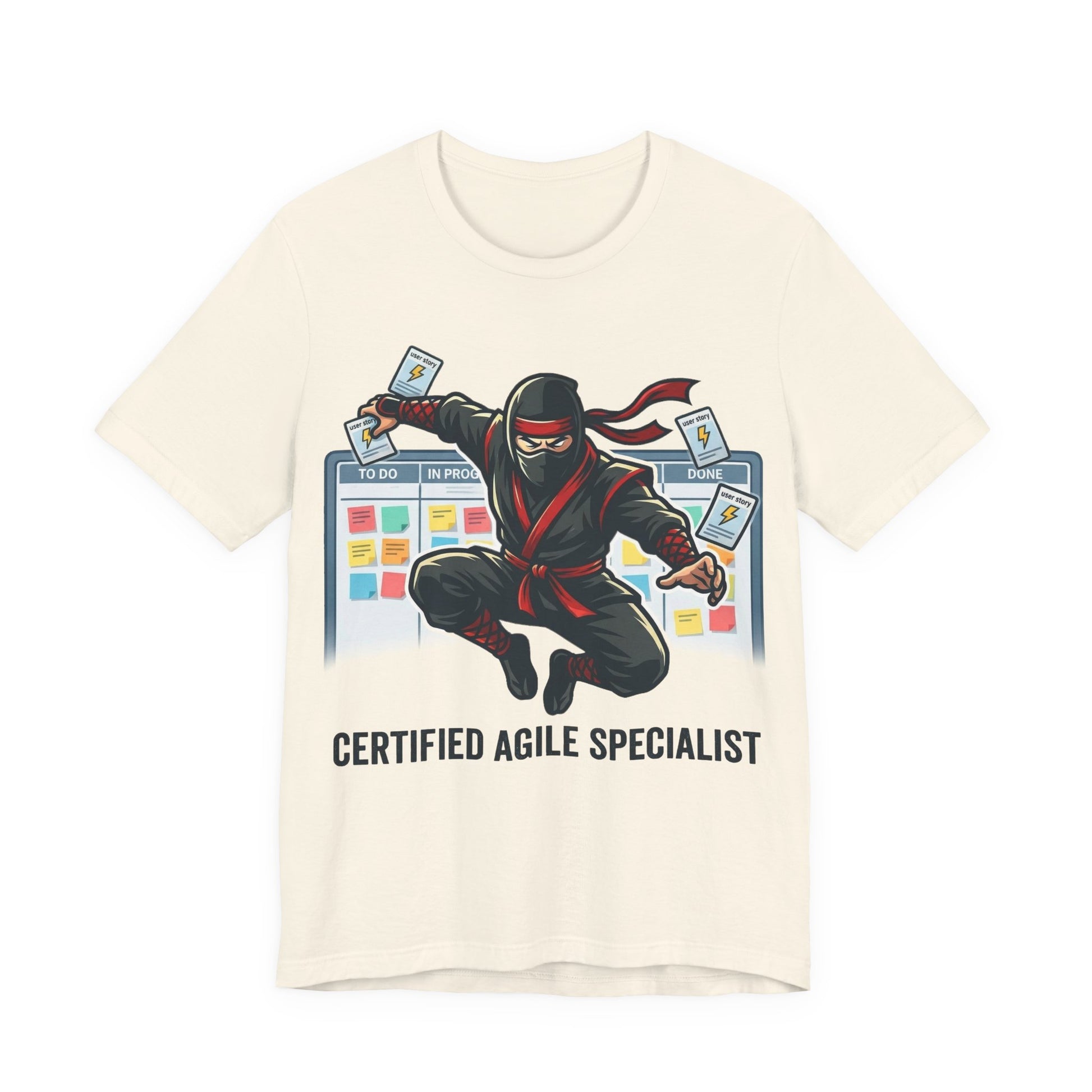 Natural Bella+Canvas 3001 unisex tee with Certified Agile Specialist ninja kanban design, flat lay