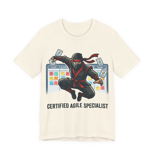 Natural Bella+Canvas 3001 unisex tee with Certified Agile Specialist ninja kanban design, flat lay