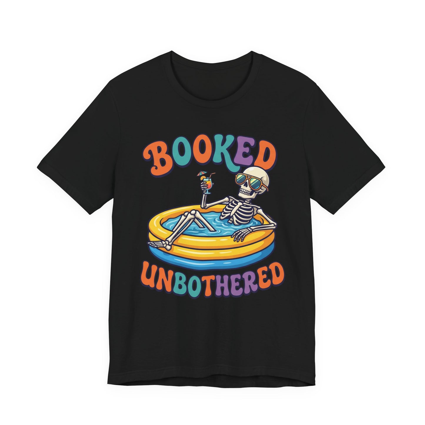 Black Bella+Canvas 3001 unisex tee with Booked and Unbothered graphic, flat lay