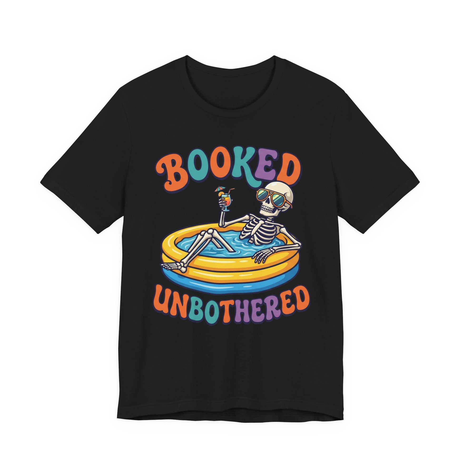 Black Bella+Canvas 3001 unisex tee with Booked and Unbothered graphic, flat lay