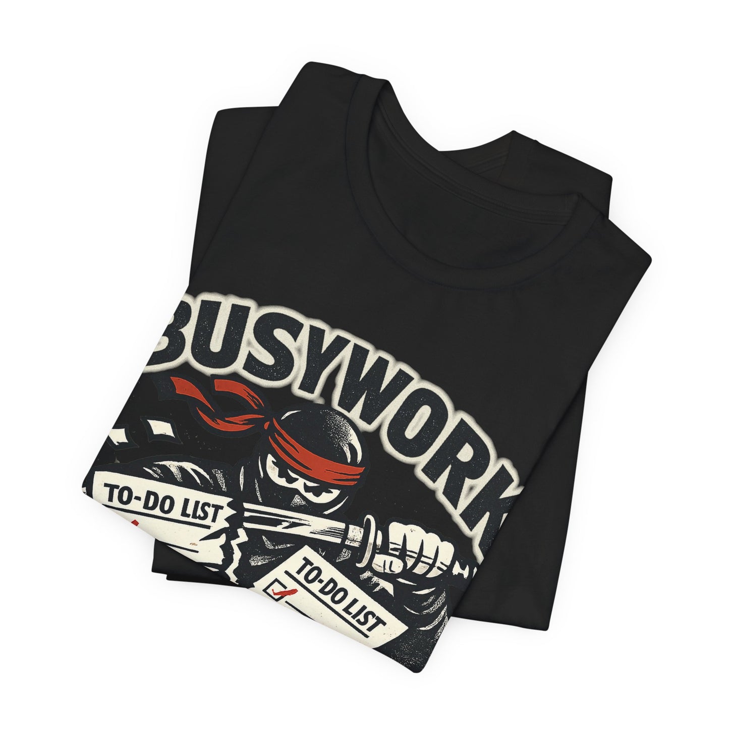 Black Bella+Canvas 3001 unisex tee with Busywork Sliced ninja slicing to-do lists graphic, on hanger