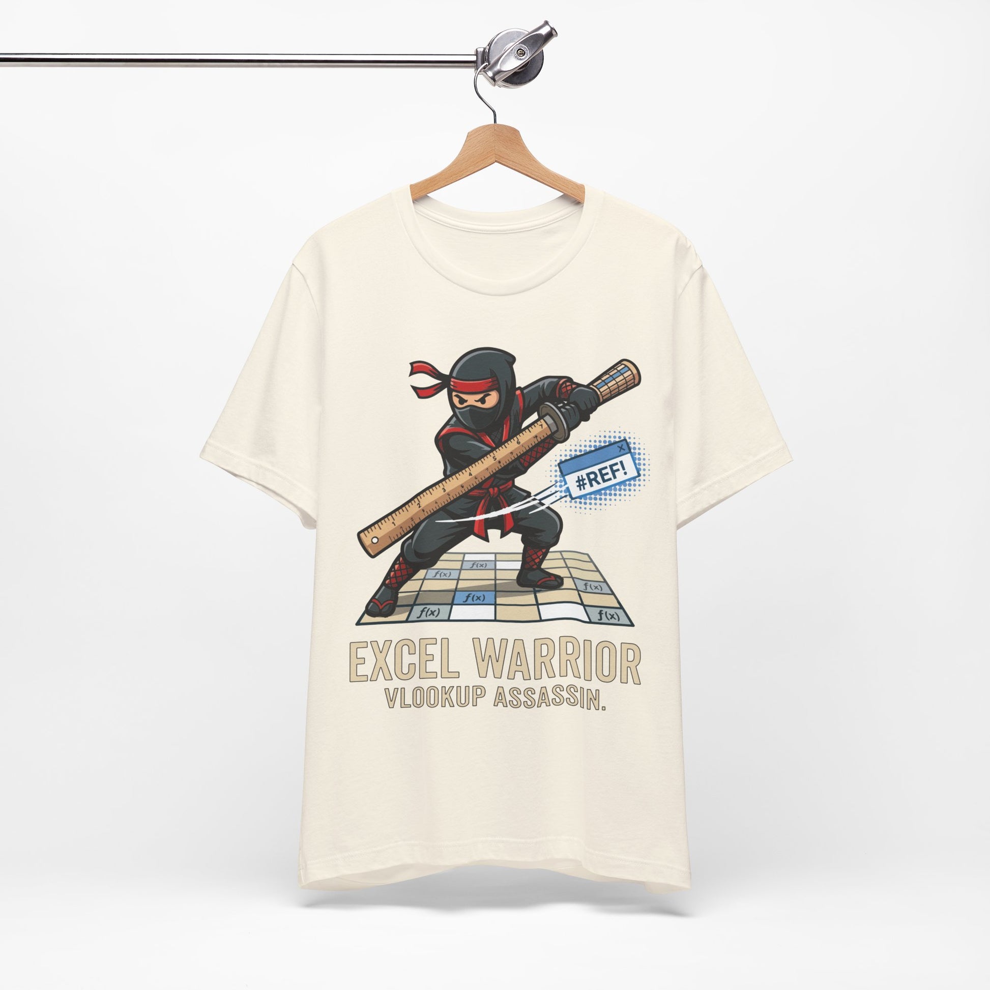 Steel Blue Bella+Canvas 3001 unisex tee with Excel Warrior VLOOKUP Assassin ninja spreadsheet graphic, flat lay