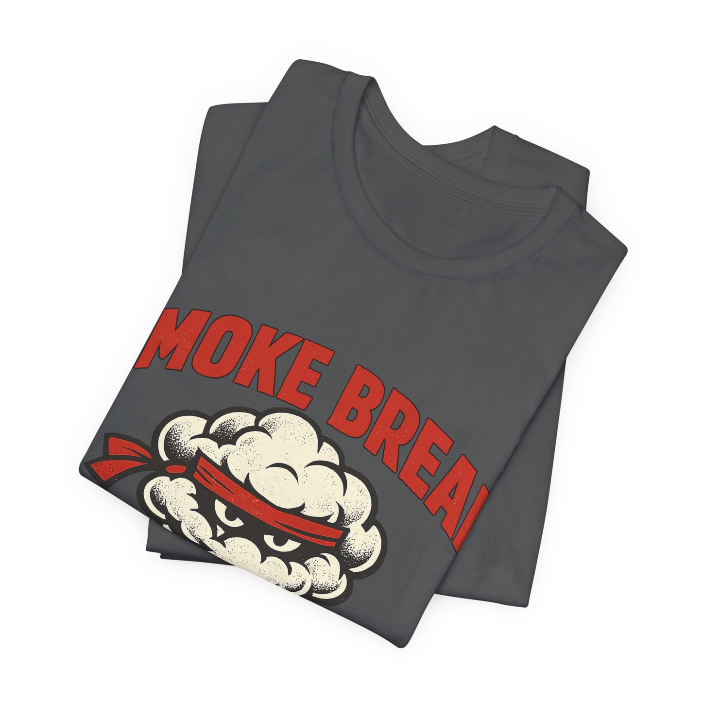 Black Bella+Canvas 3001 unisex tee with Smoke Break Ask Again Later ninja coffee cup graphic, detail view