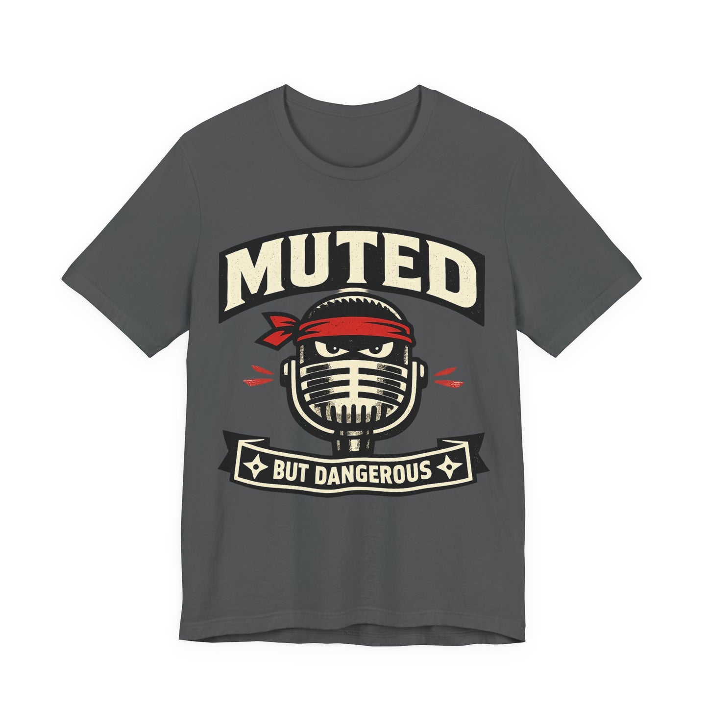 Asphalt Bella+Canvas 3001 unisex tee with Muted But Dangerous ninja graphic, on hanger