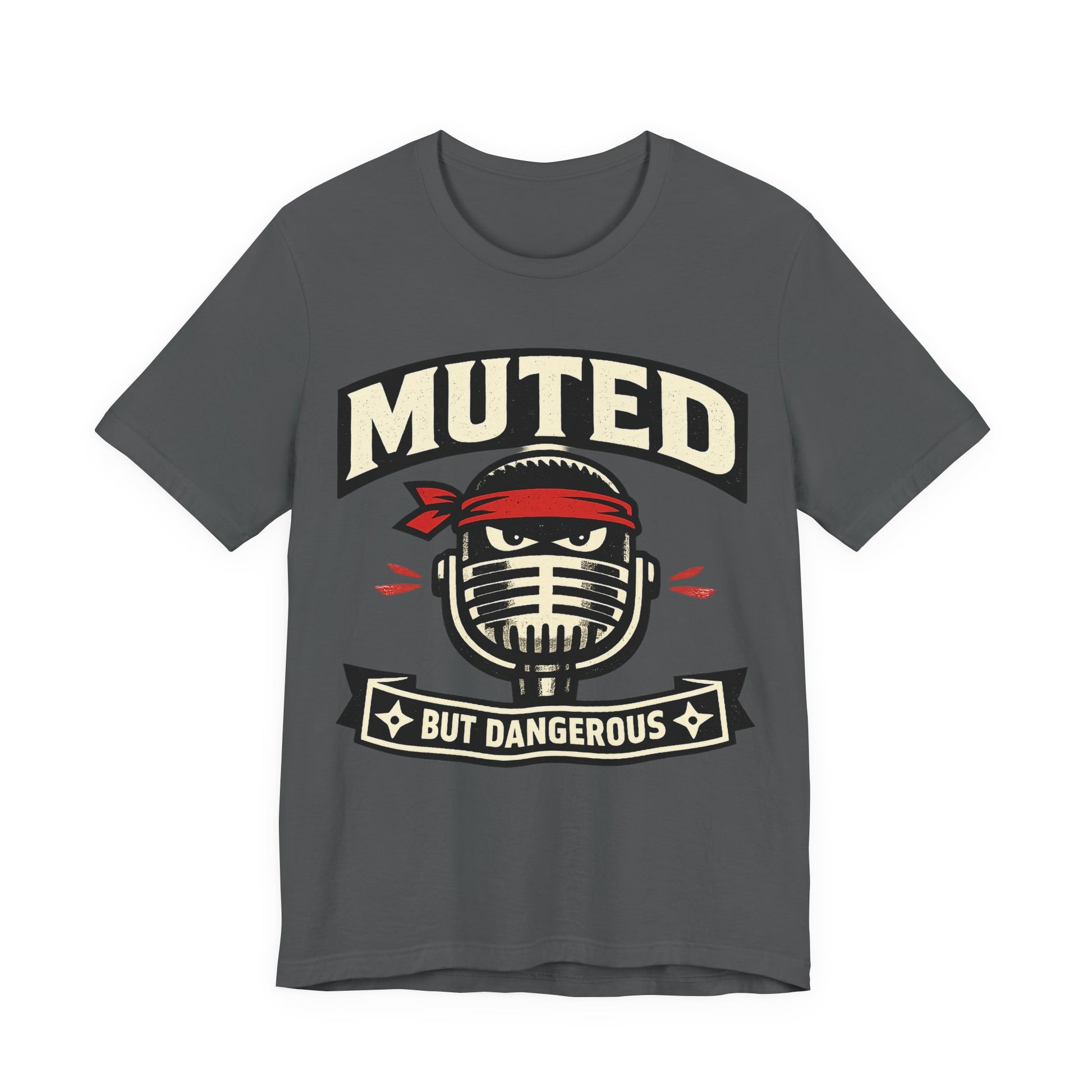 Asphalt Bella+Canvas 3001 unisex tee with Muted But Dangerous ninja graphic, on hanger