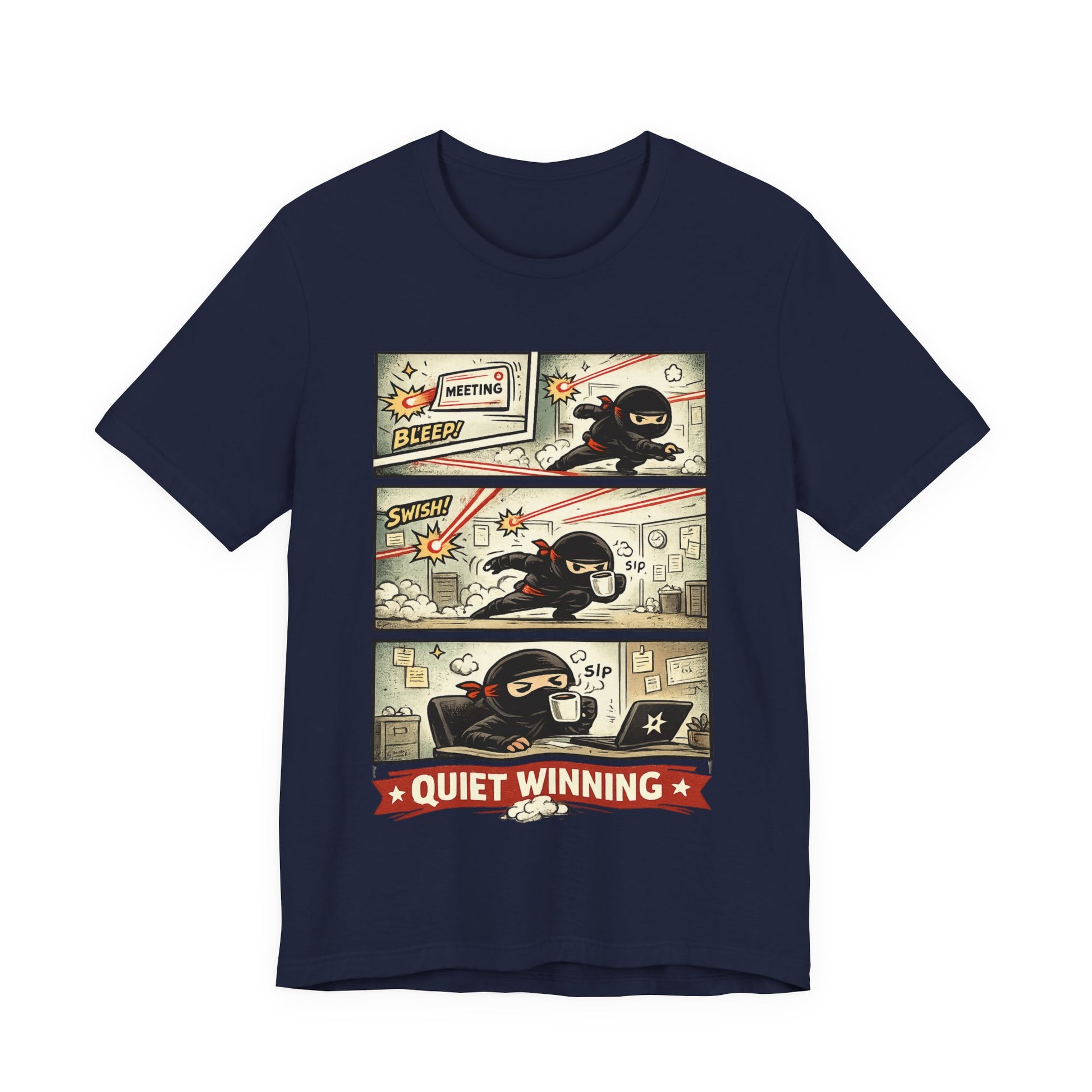 Navy Bella+Canvas 3001 unisex tee with Quiet Winning ninja comic strip graphic, flat lay