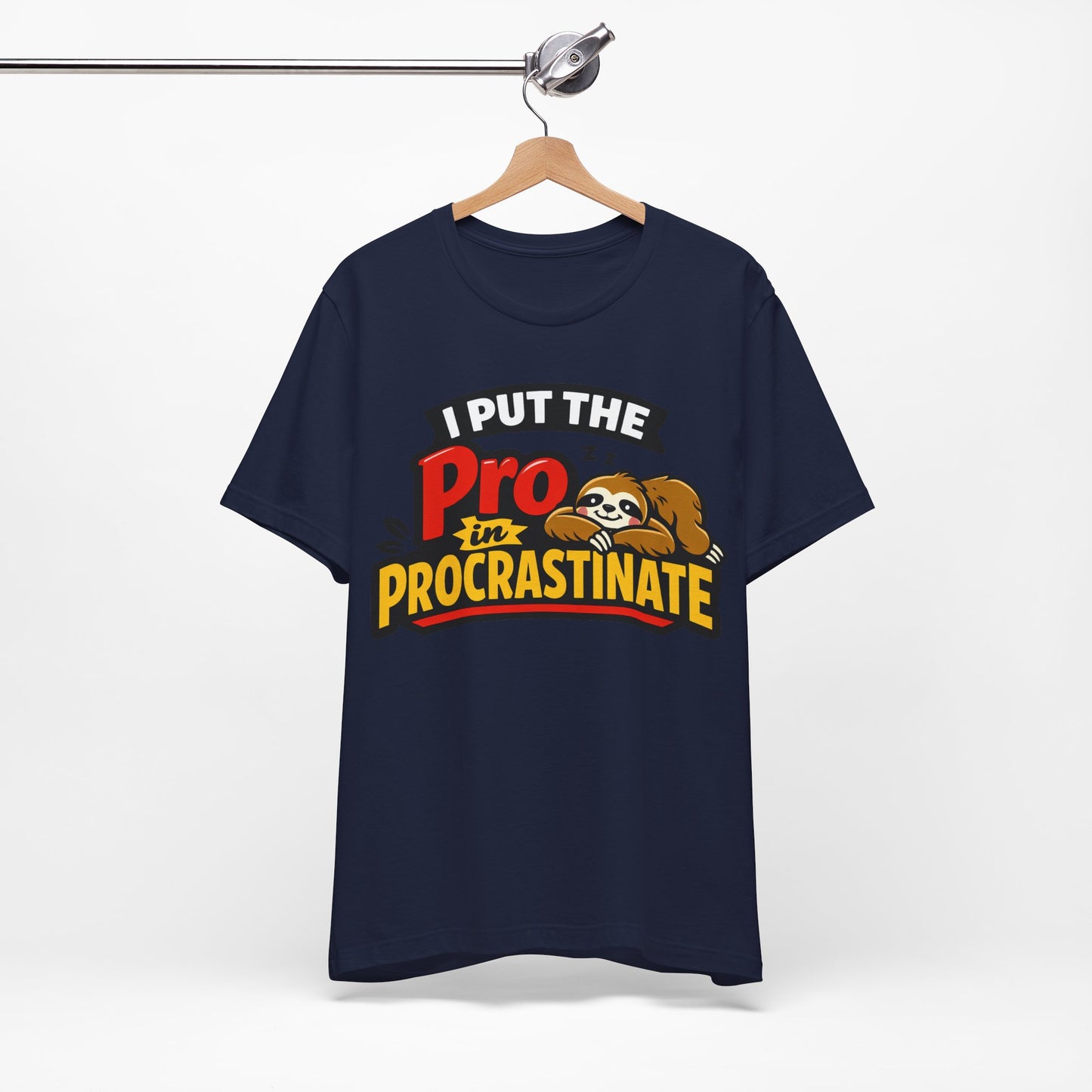 Asphalt Bella+Canvas 3001 unisex tee with I Put the Pro in Procrastinate sloth graphic, detail view