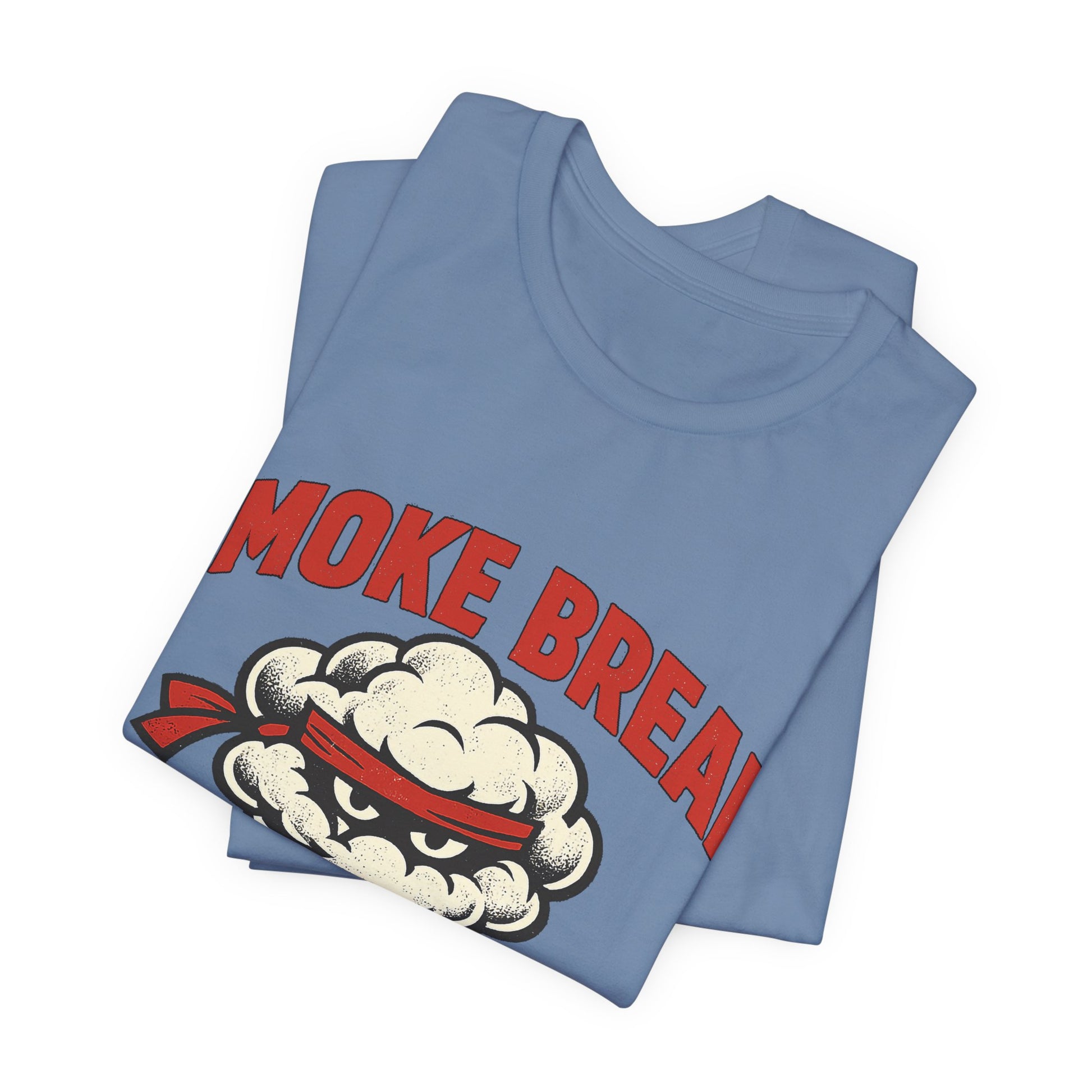 Asphalt Bella+Canvas 3001 unisex tee with Smoke Break Ask Again Later ninja coffee cup graphic, detail view