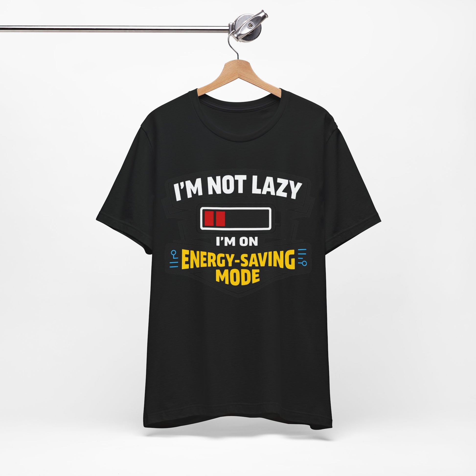 Natural Bella+Canvas 3001 unisex tee with I'm Not Lazy I'm on Energy-Saving Mode graphic, detail view