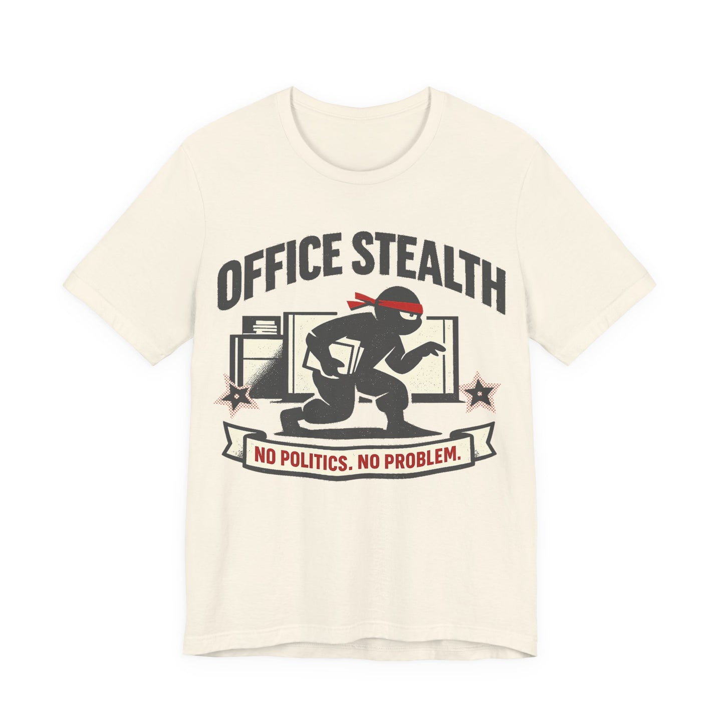 Natural Bella+Canvas 3001 unisex tee with Office Stealth vintage faded ninja design, on hanger