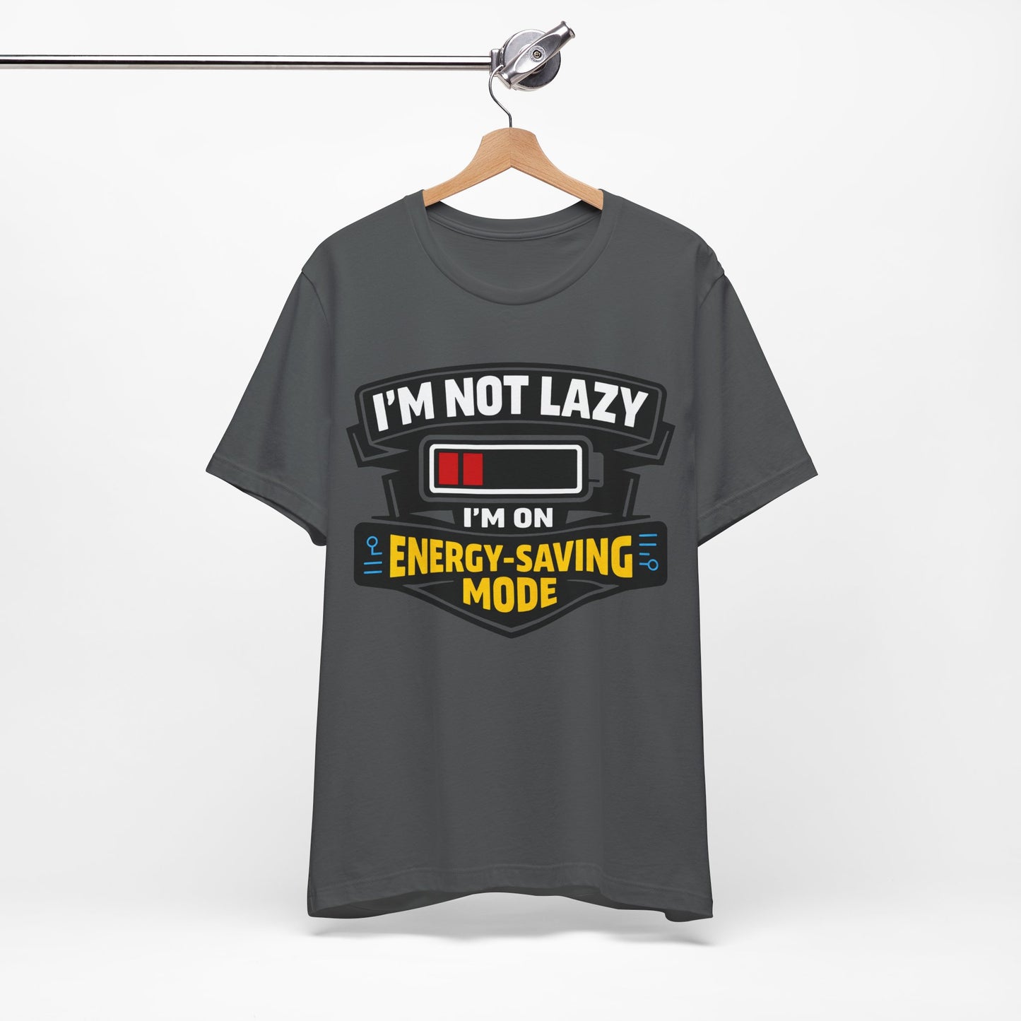 Steel Blue Bella+Canvas 3001 unisex tee with I'm Not Lazy I'm on Energy-Saving Mode graphic, detail view