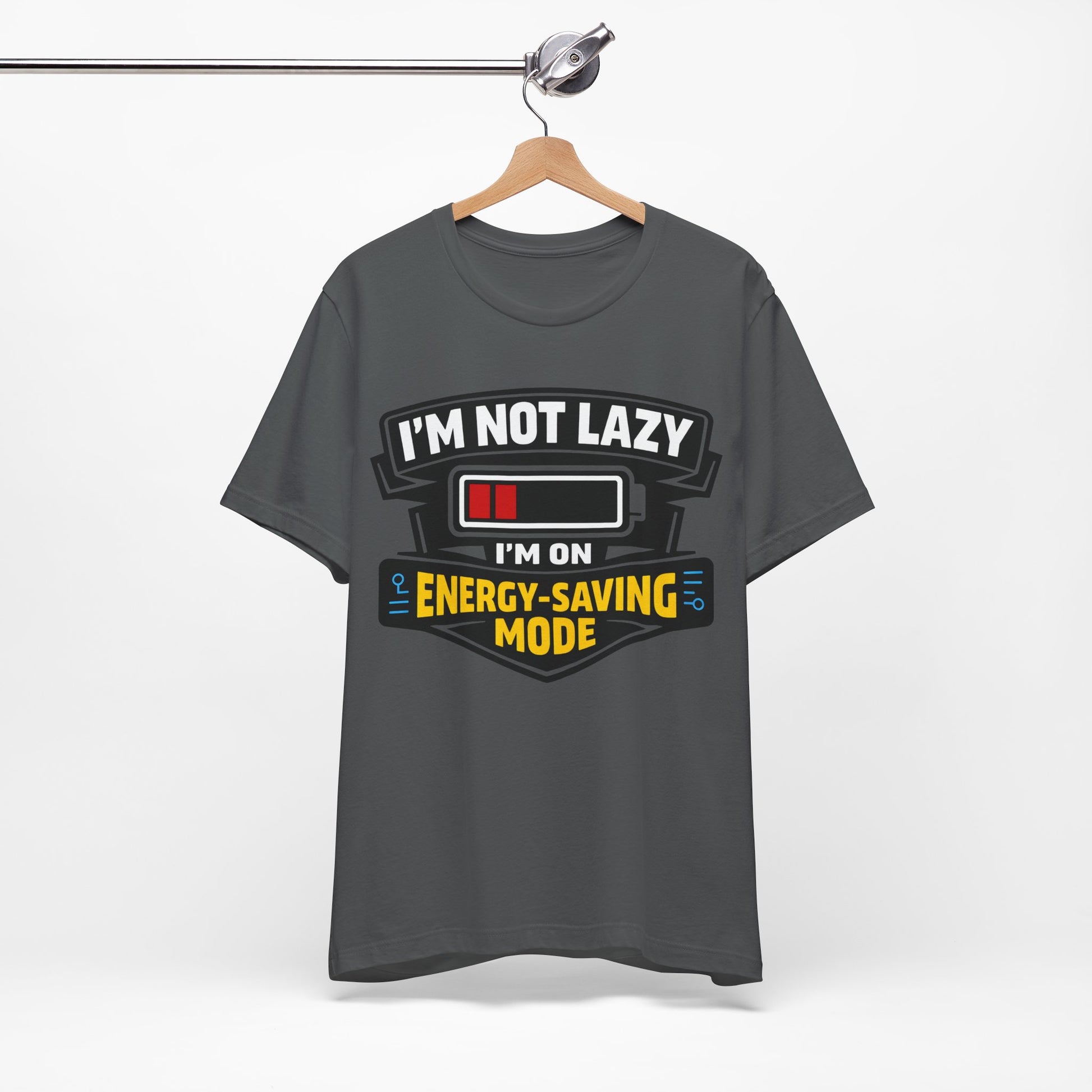 Steel Blue Bella+Canvas 3001 unisex tee with I'm Not Lazy I'm on Energy-Saving Mode graphic, detail view