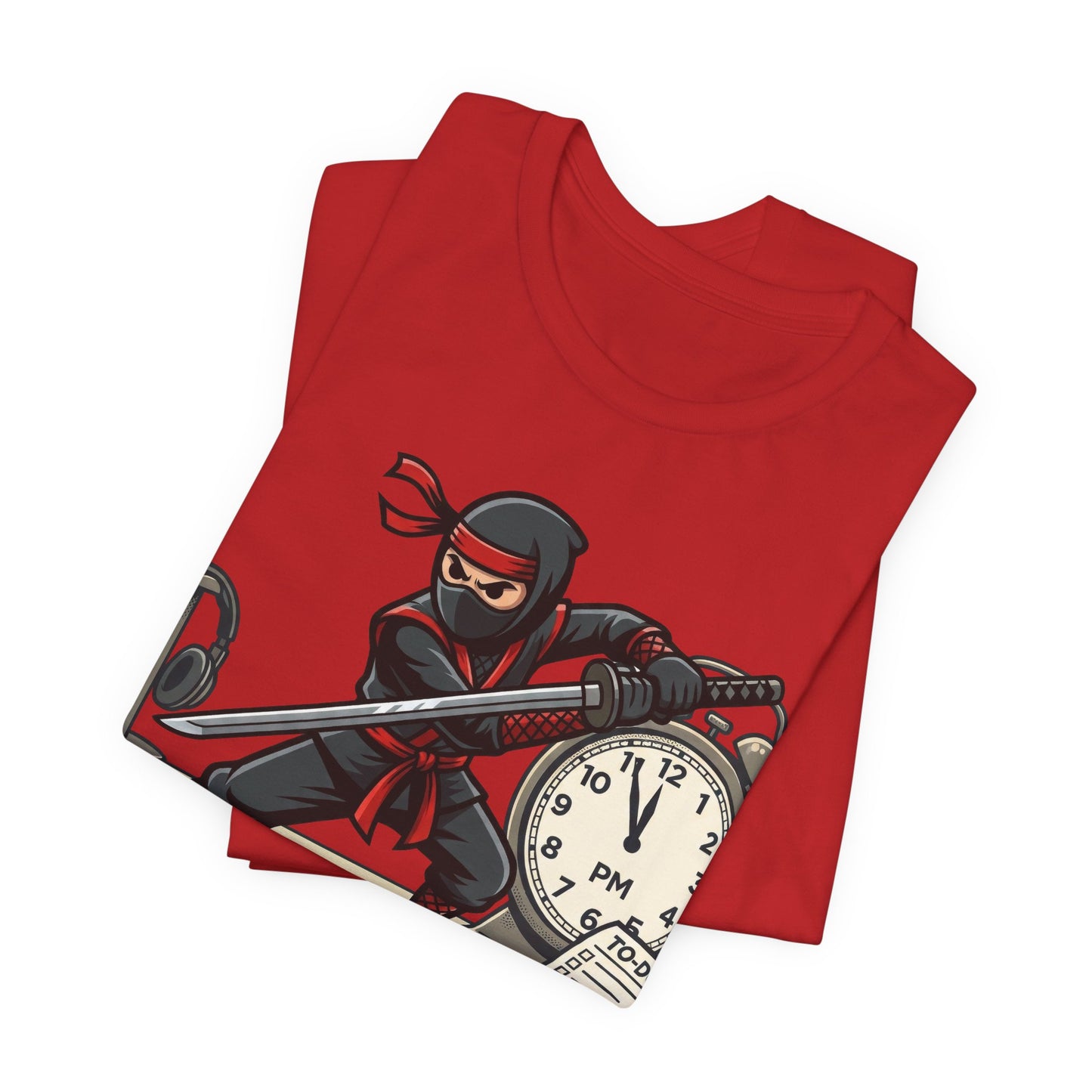 Red Bella+Canvas 3001 unisex tee with I'm Not Procrastinating ninja and clock graphic, flat lay