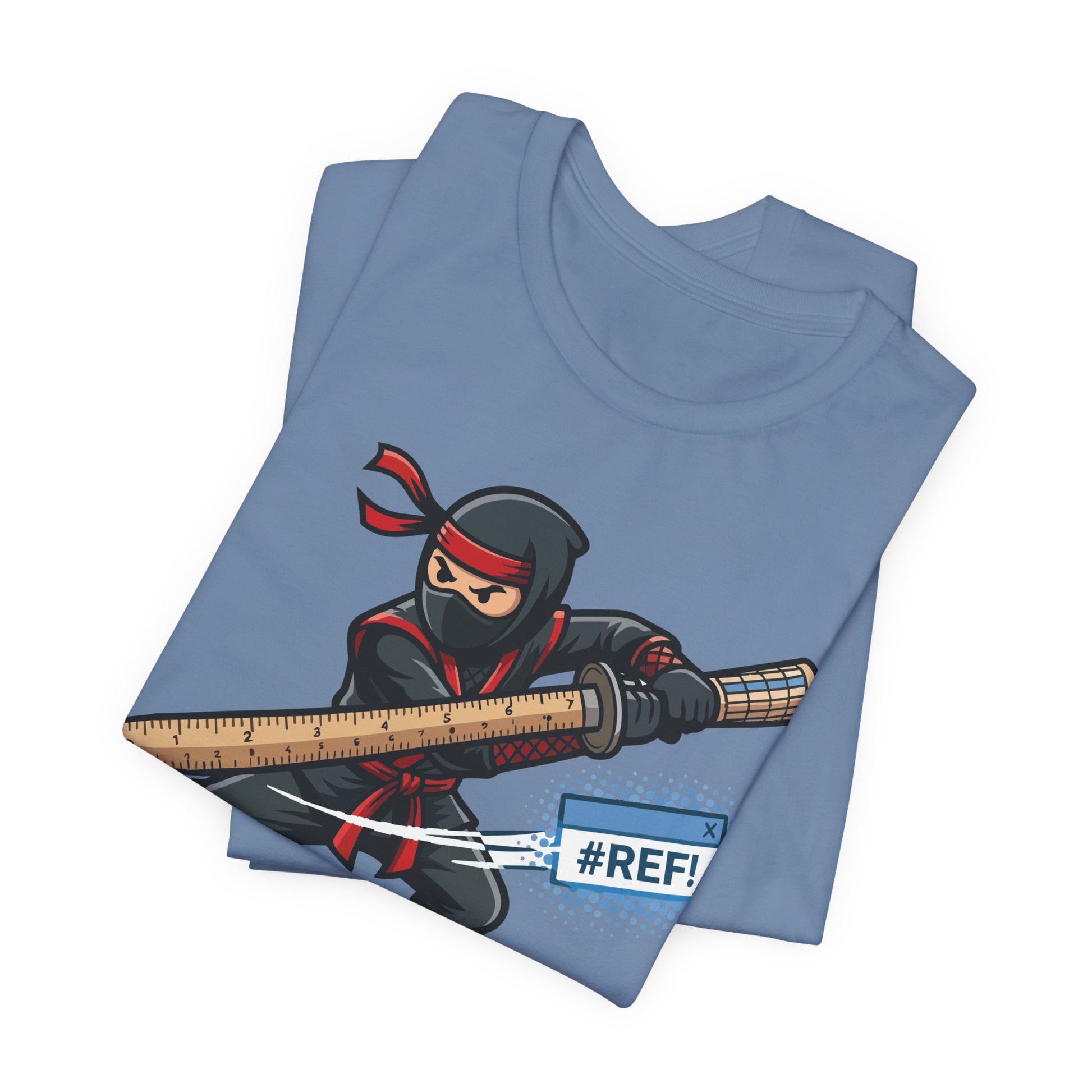 Asphalt Bella+Canvas 3001 unisex tee with Excel Warrior VLOOKUP Assassin ninja graphic detail view