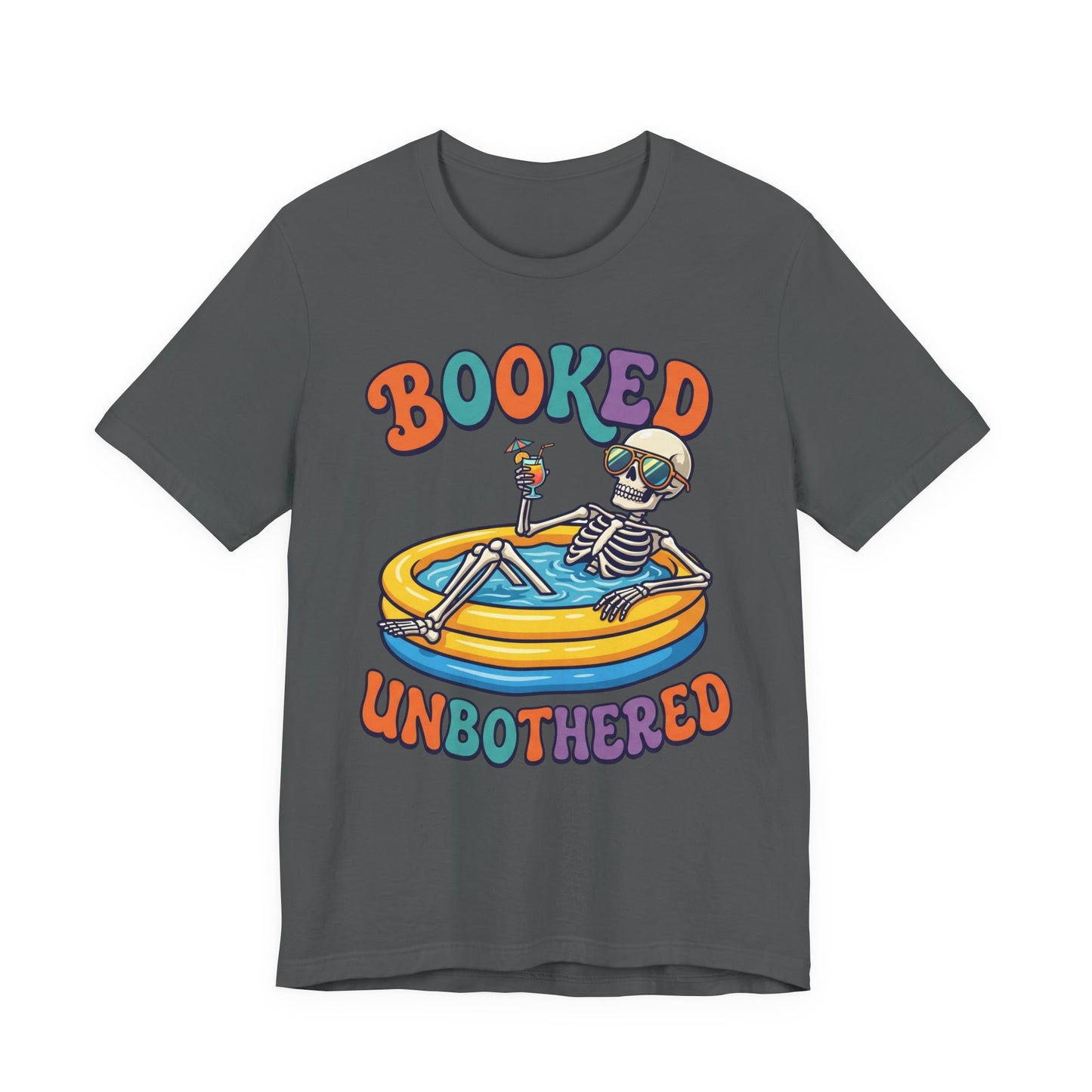 Red Bella+Canvas 3001 unisex tee with Booked and Unbothered graphic, on hanger