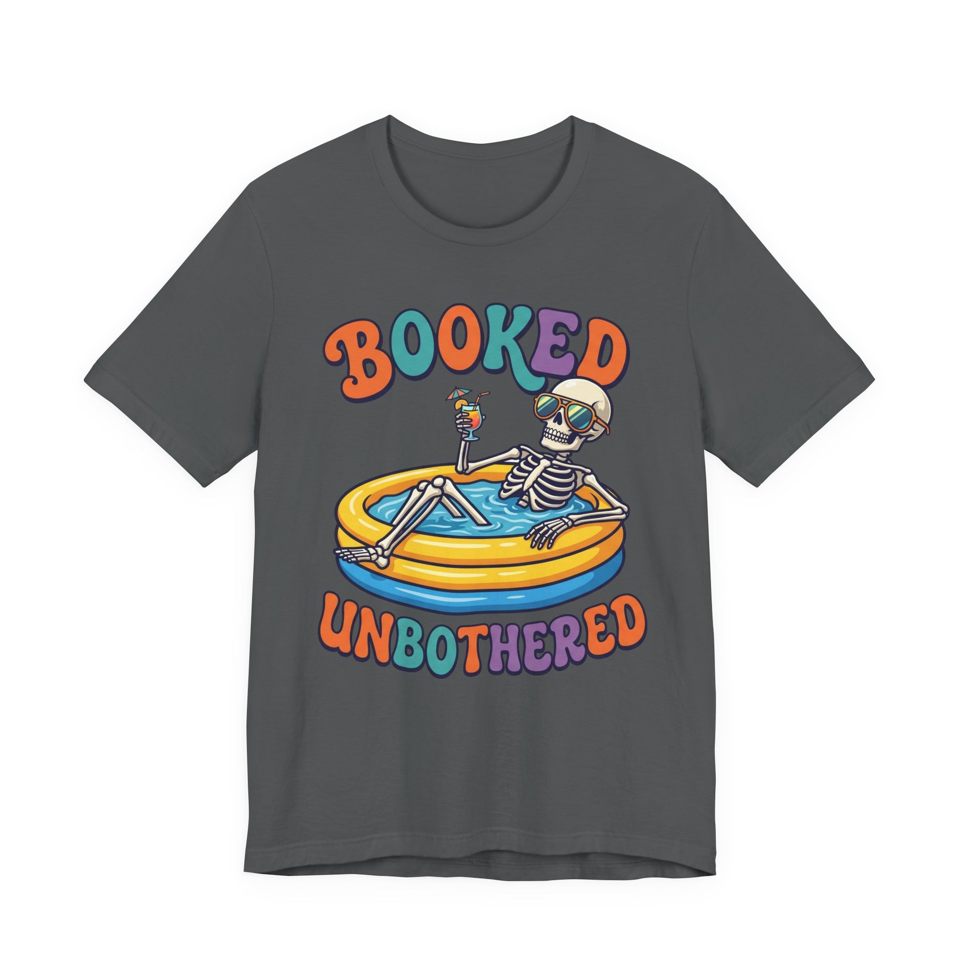 Red Bella+Canvas 3001 unisex tee with Booked and Unbothered graphic, on hanger