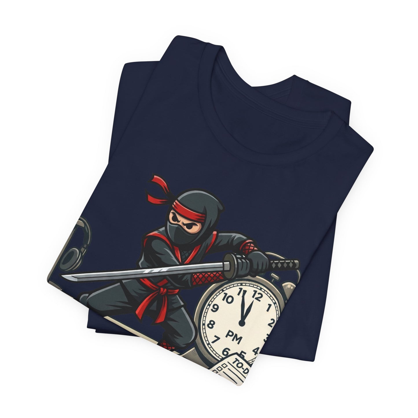 Navy Bella+Canvas 3001 unisex tee with I'm Not Procrastinating ninja and clock graphic, flat lay