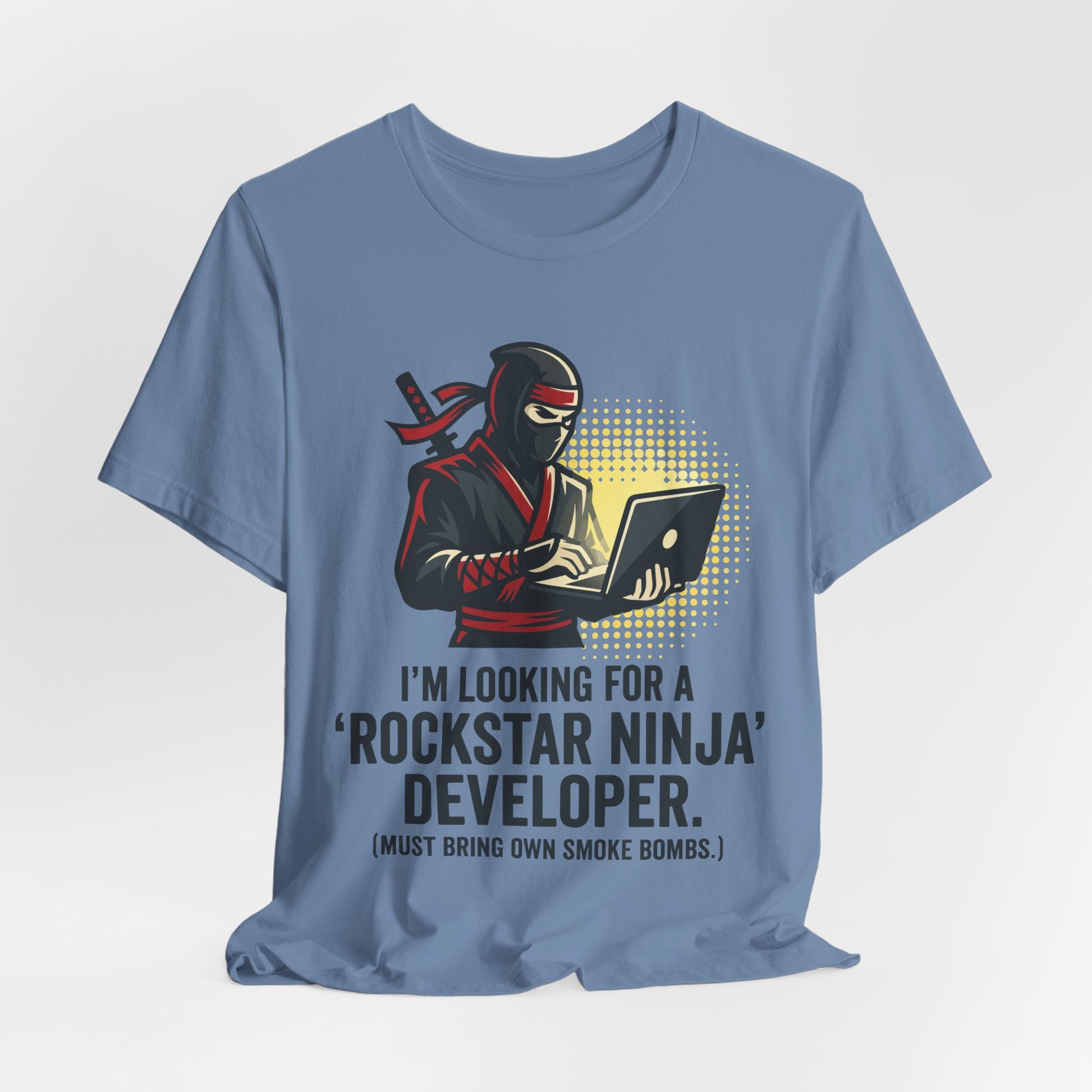 Asphalt Bella+Canvas 3001 unisex tee with Rockstar Ninja Developer graphic and text design, detail view