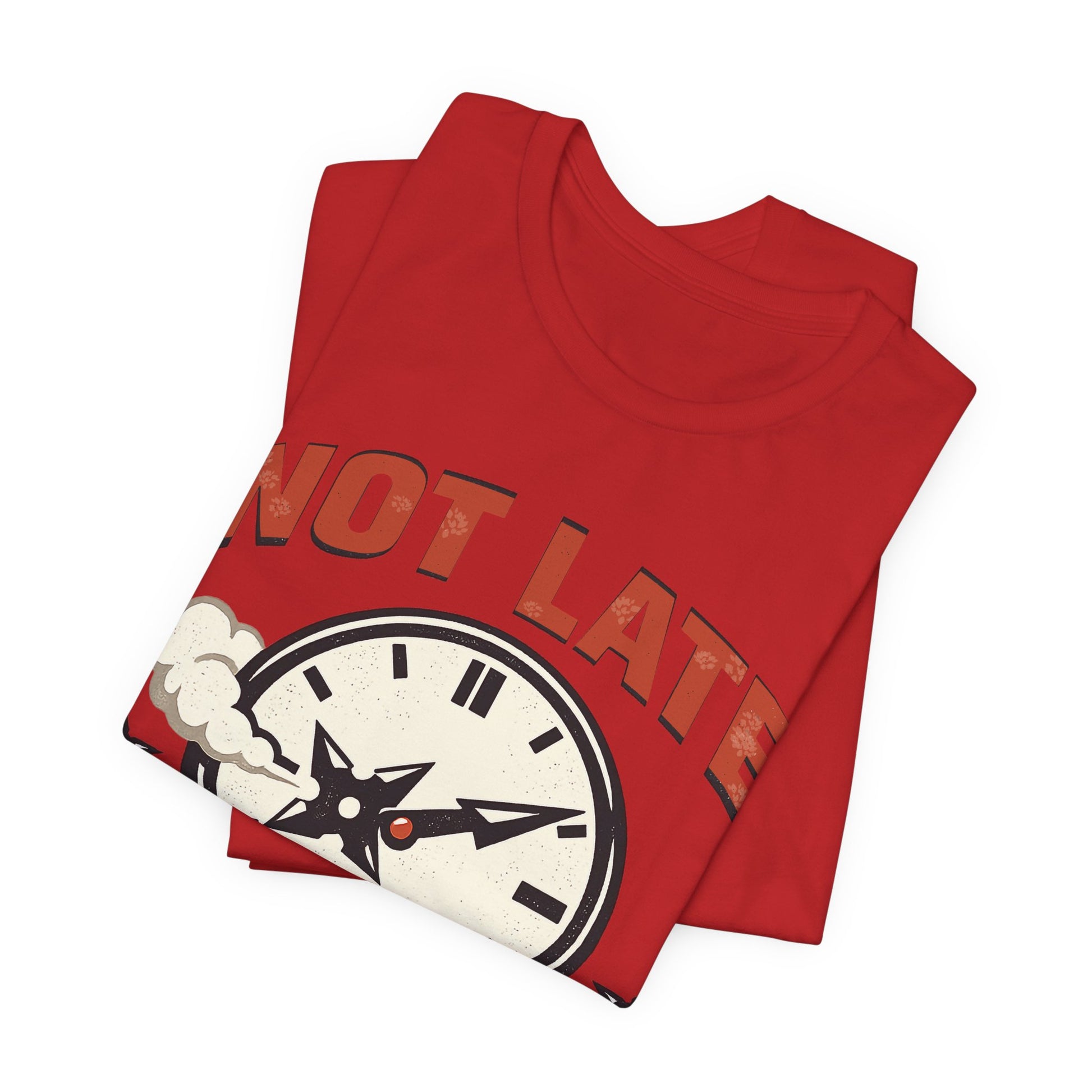 Black Bella+Canvas 3001 unisex tee with Not Late Arrived Unseen ninja clock design, flat lay