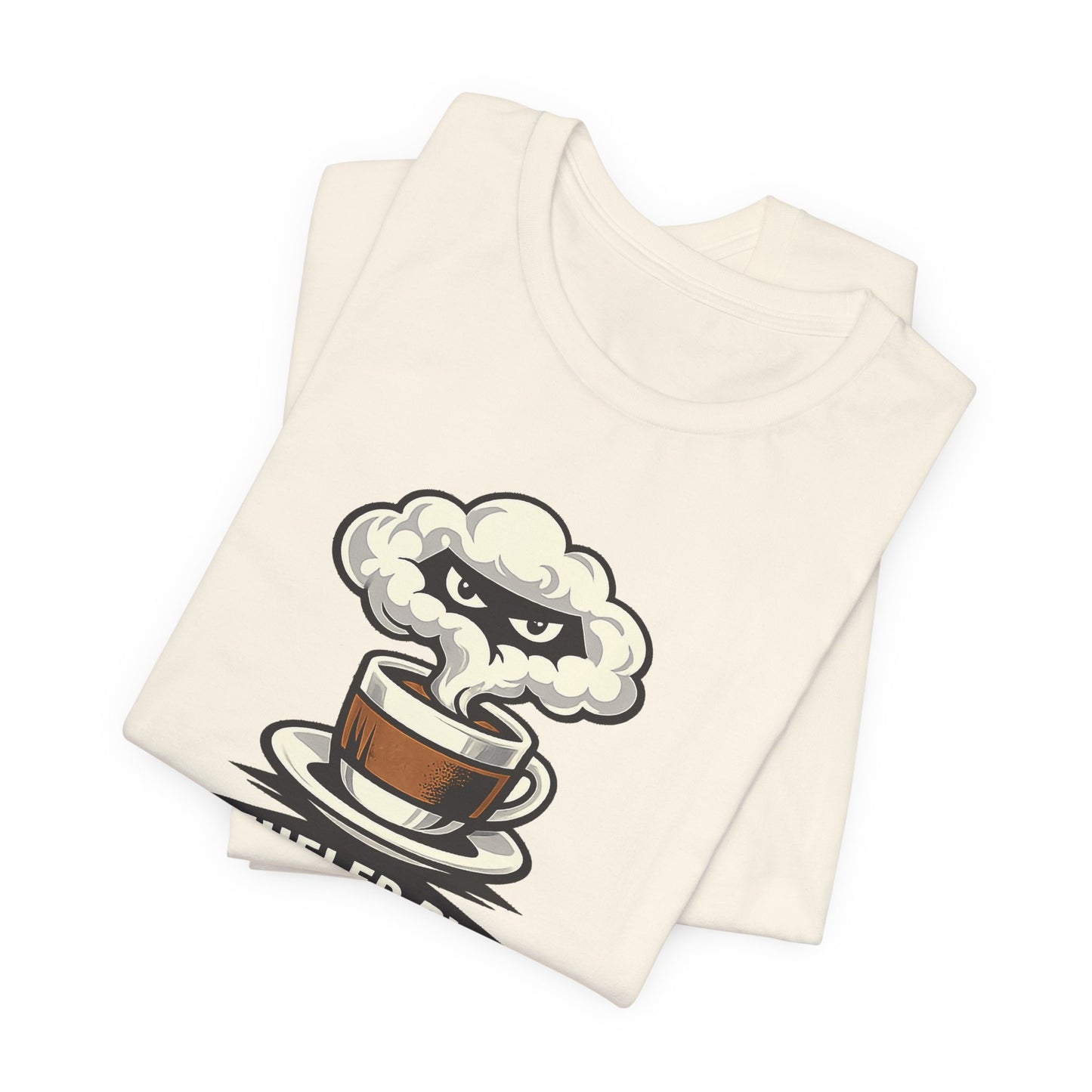 Natural Bella+Canvas 3001 unisex tee with Fueled by Coffee and Ninja Discipline cup badge graphic, flat lay