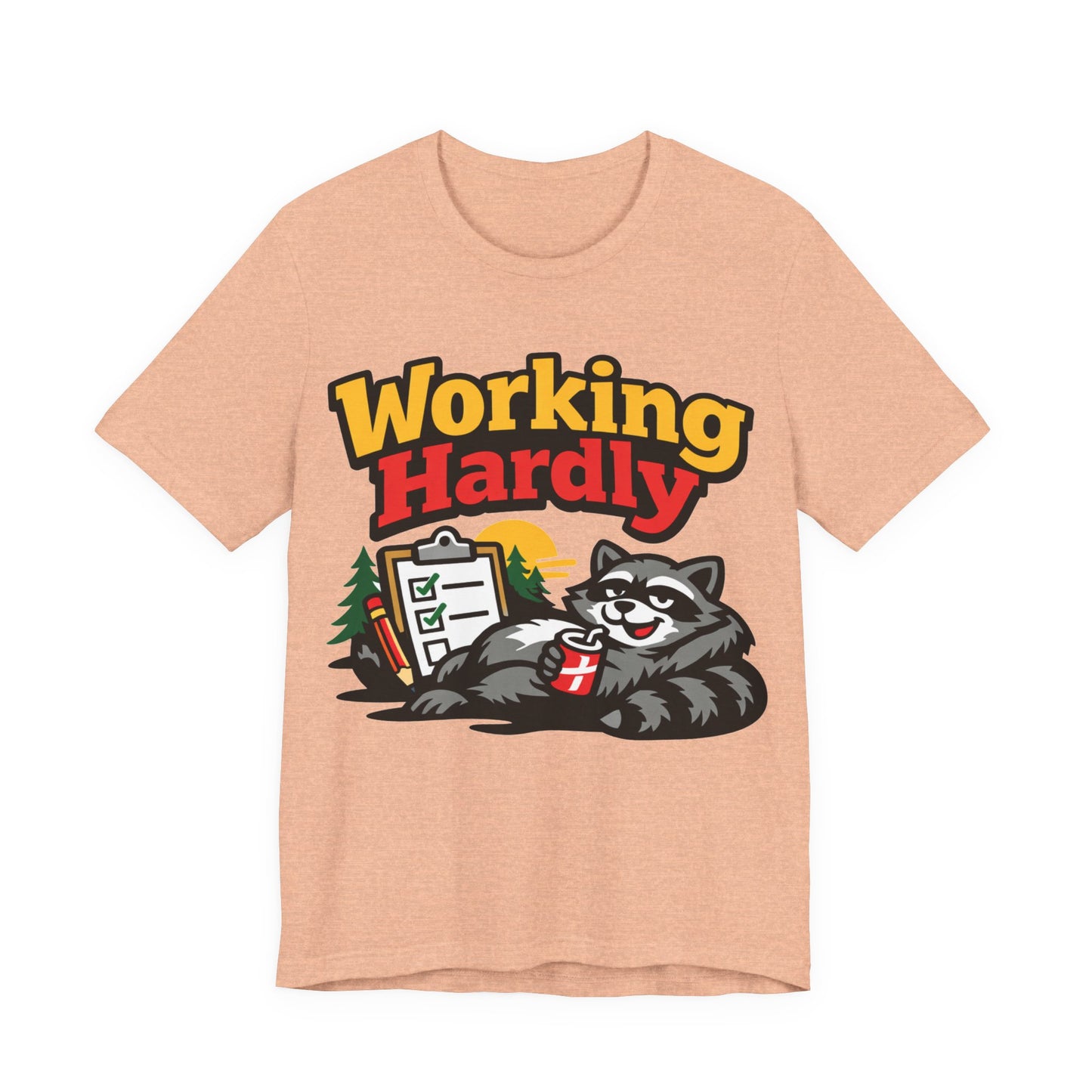 Black Bella+Canvas 3001 unisex tee with Working Hardly raccoon graphic, on hanger