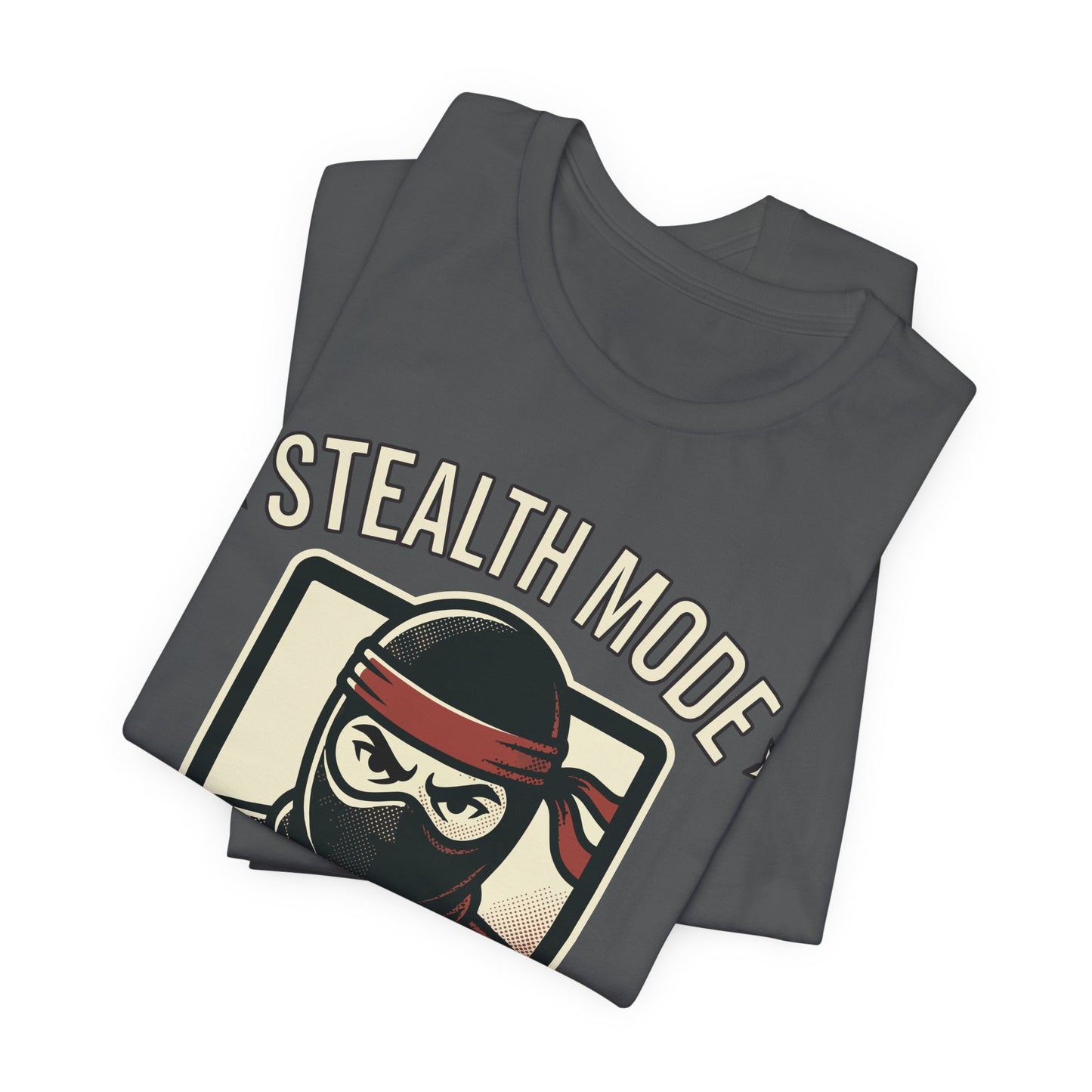 Navy Bella+Canvas 3001 unisex tee with Stealth Mode On ninja laptop graphic, detail view
