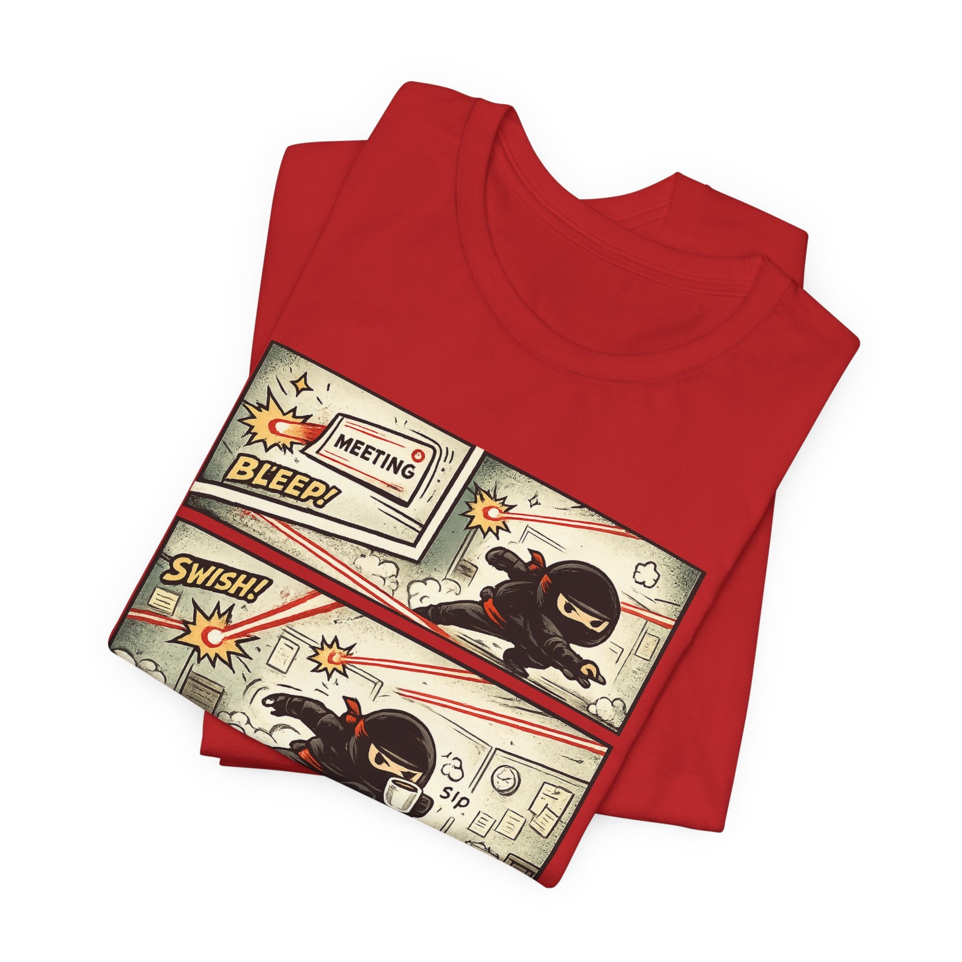 Red Bella+Canvas 3001 unisex tee with Quiet Winning ninja comic strip graphic, on hanger