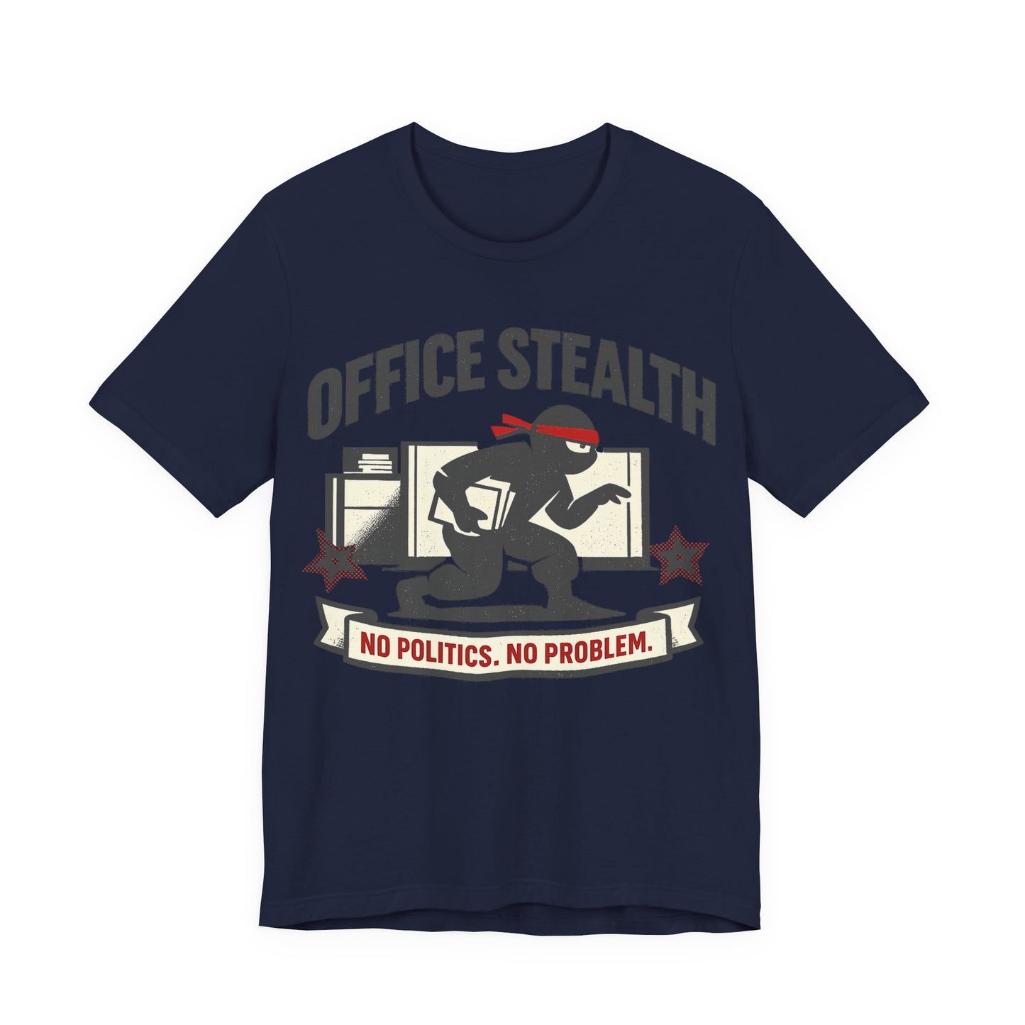 Navy Bella+Canvas 3001 unisex tee with Office Stealth vintage faded ninja design, on hanger