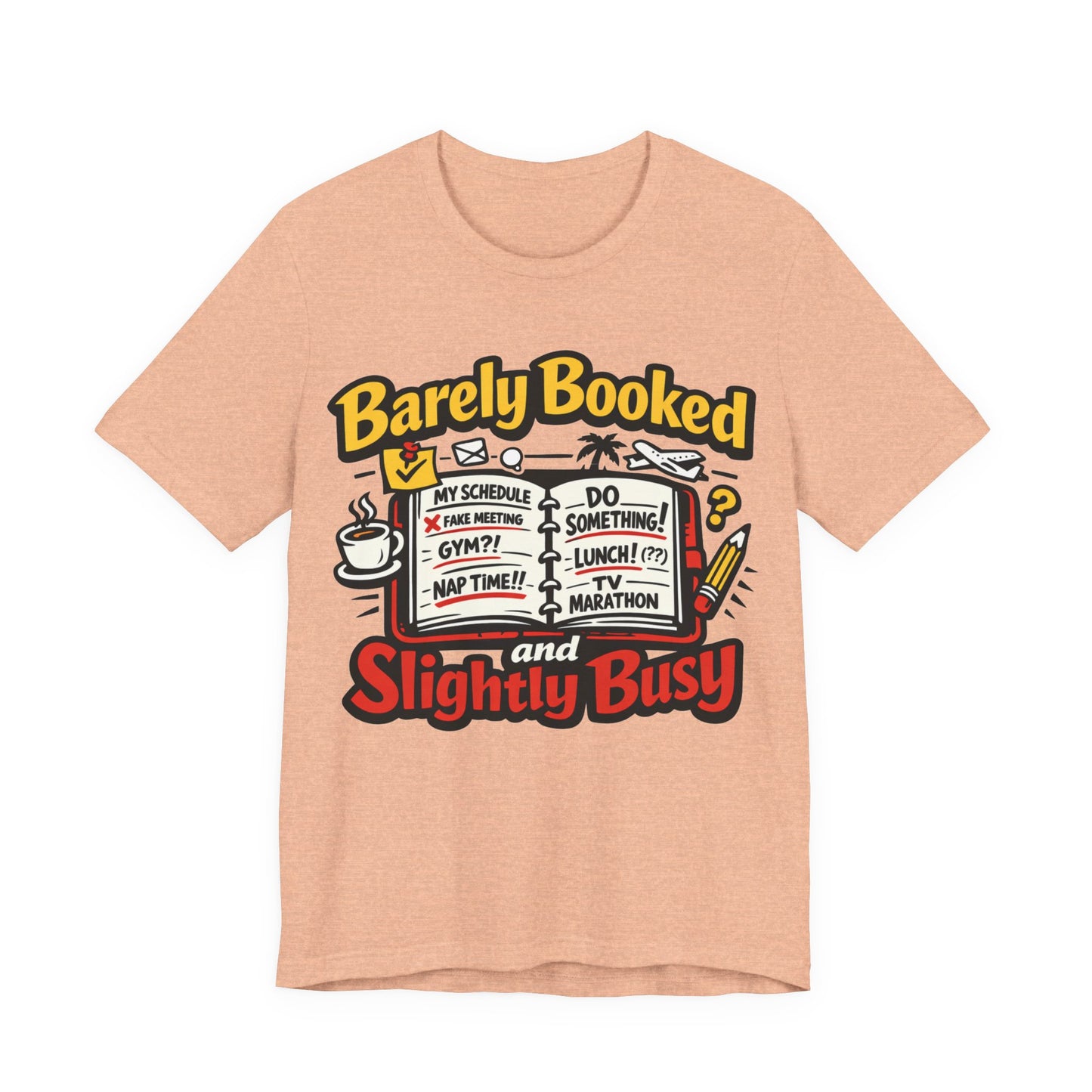Black Bella+Canvas 3001 unisex tee with Barely Booked and Slightly Busy graphic, on hanger