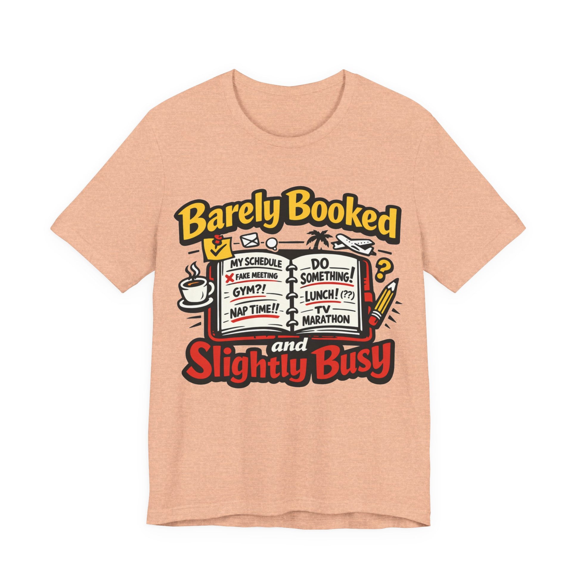 Black Bella+Canvas 3001 unisex tee with Barely Booked and Slightly Busy graphic, on hanger
