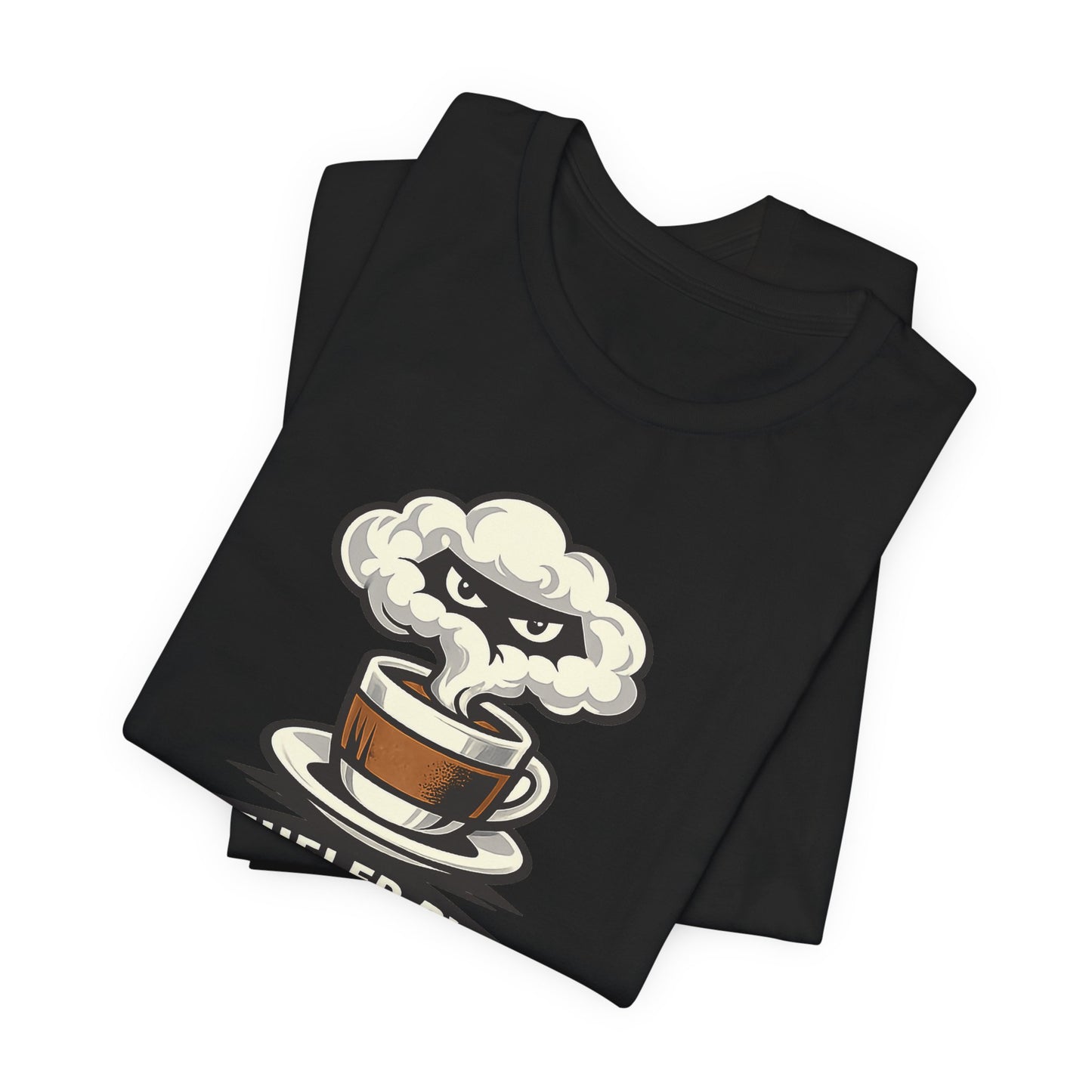 Black Bella+Canvas 3001 unisex tee with Fueled by Coffee and Ninja Discipline cup badge graphic, on hanger