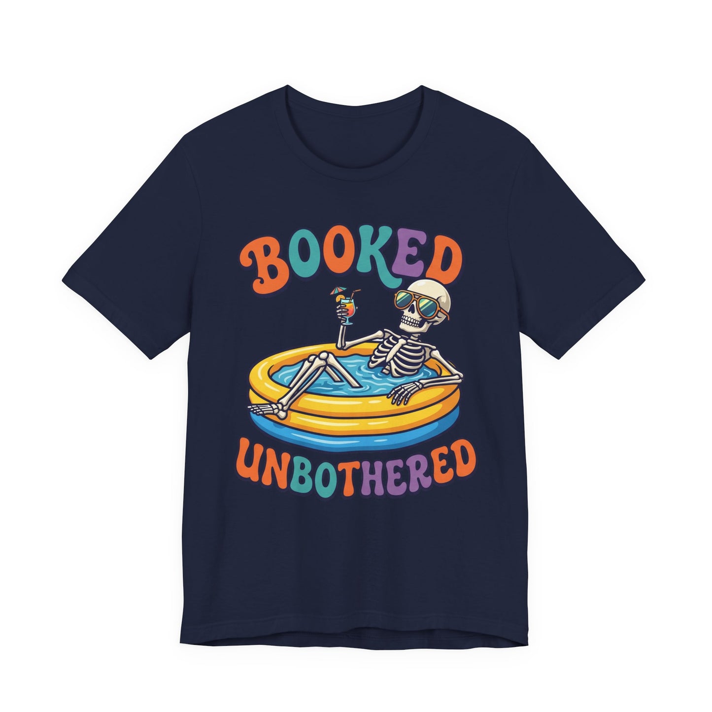 Navy Bella+Canvas 3001 unisex tee with Booked and Unbothered graphic, on hanger
