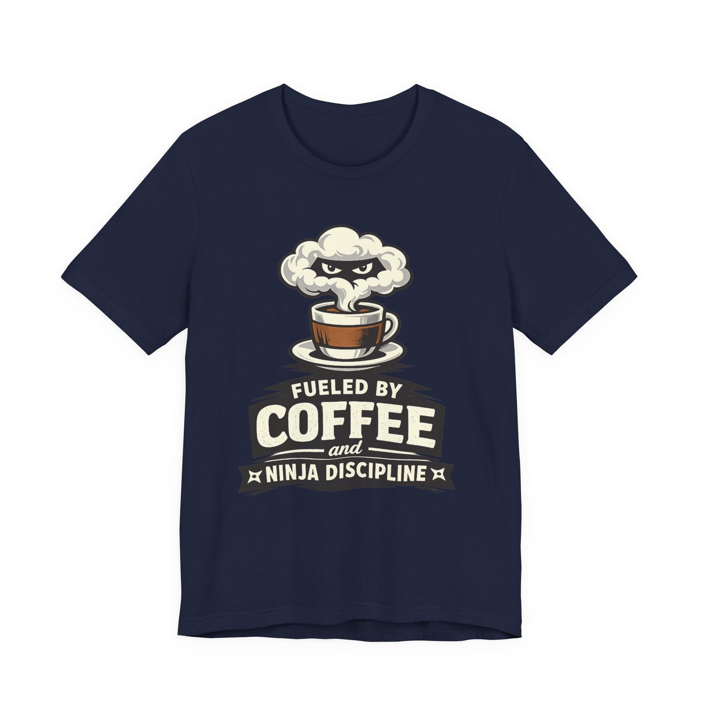 Navy Bella+Canvas 3001 unisex tee with Fueled by Coffee and Ninja Discipline cup badge graphic, on hanger