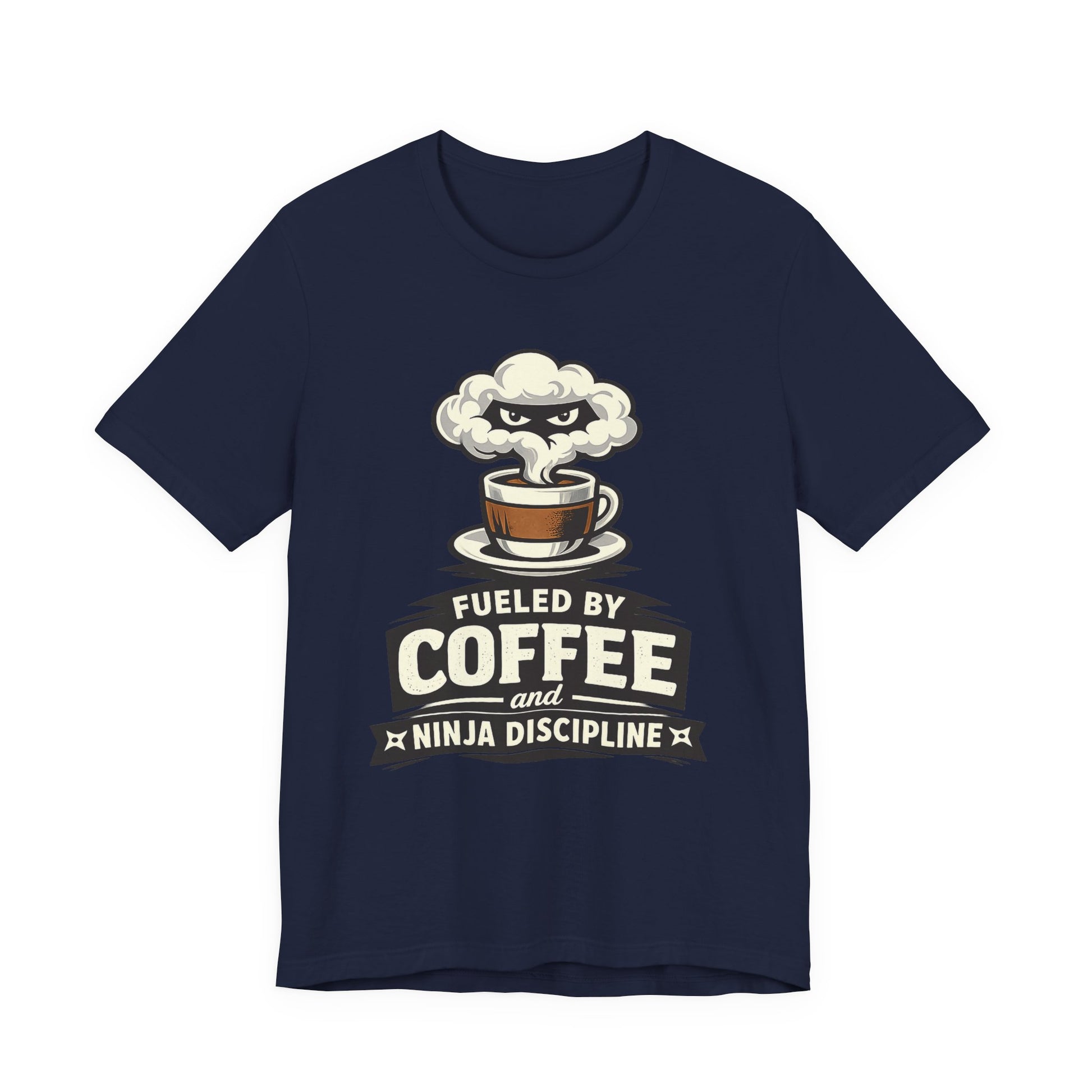 Navy Bella+Canvas 3001 unisex tee with Fueled by Coffee and Ninja Discipline cup badge graphic, on hanger