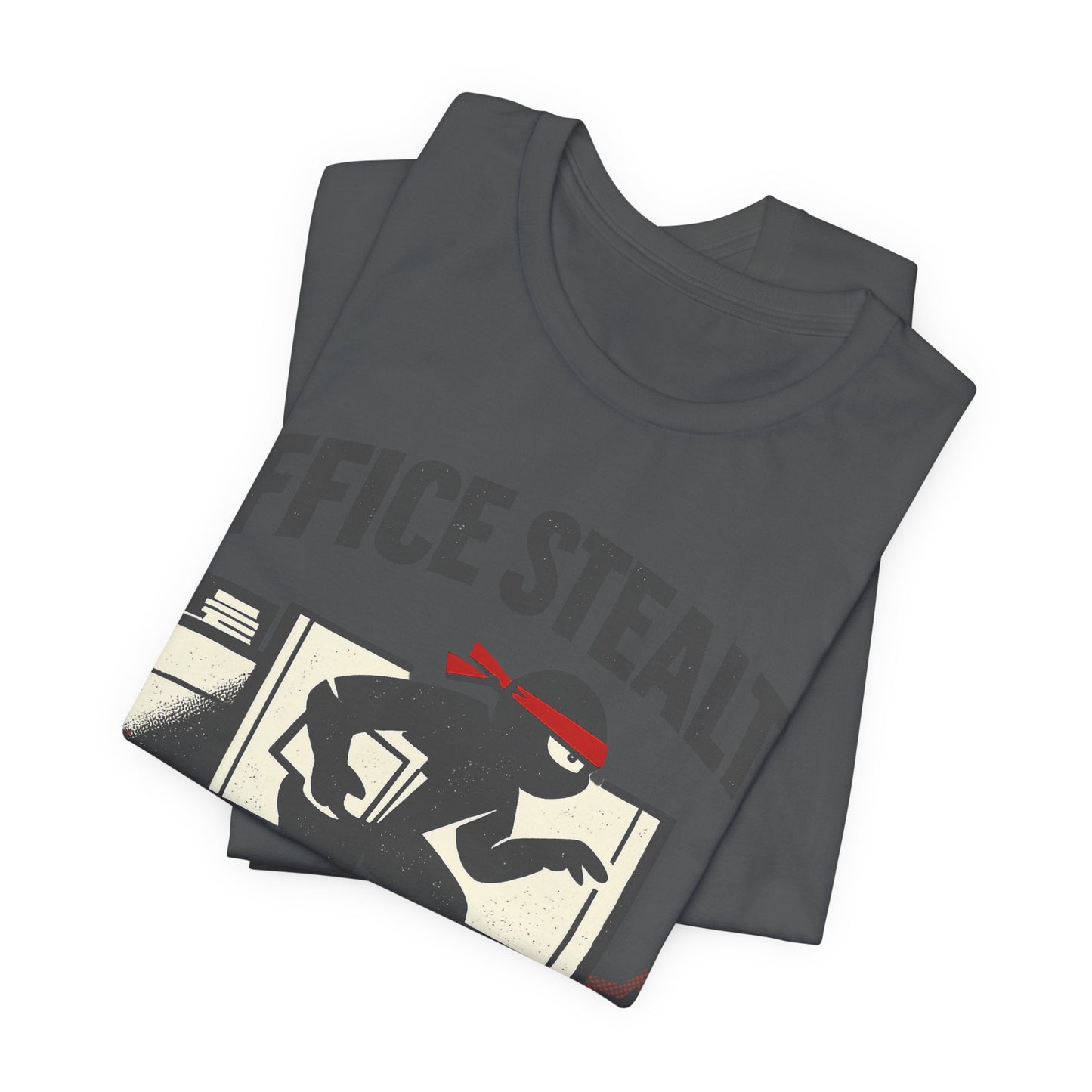 Navy Bella+Canvas 3001 unisex tee with Office Stealth vintage faded ninja design, flat lay