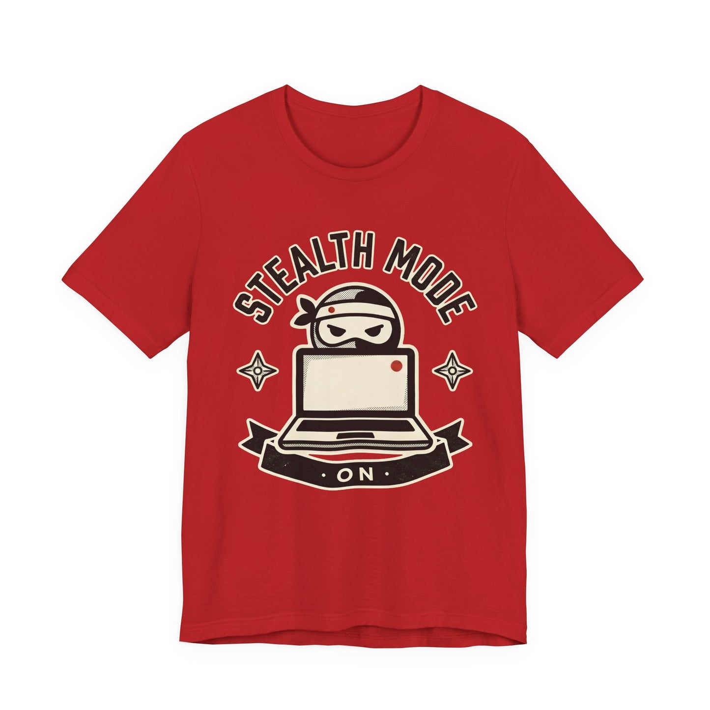 Red Bella+Canvas 3001 unisex tee with Stealth Mode On ninja laptop badge graphic, flat lay