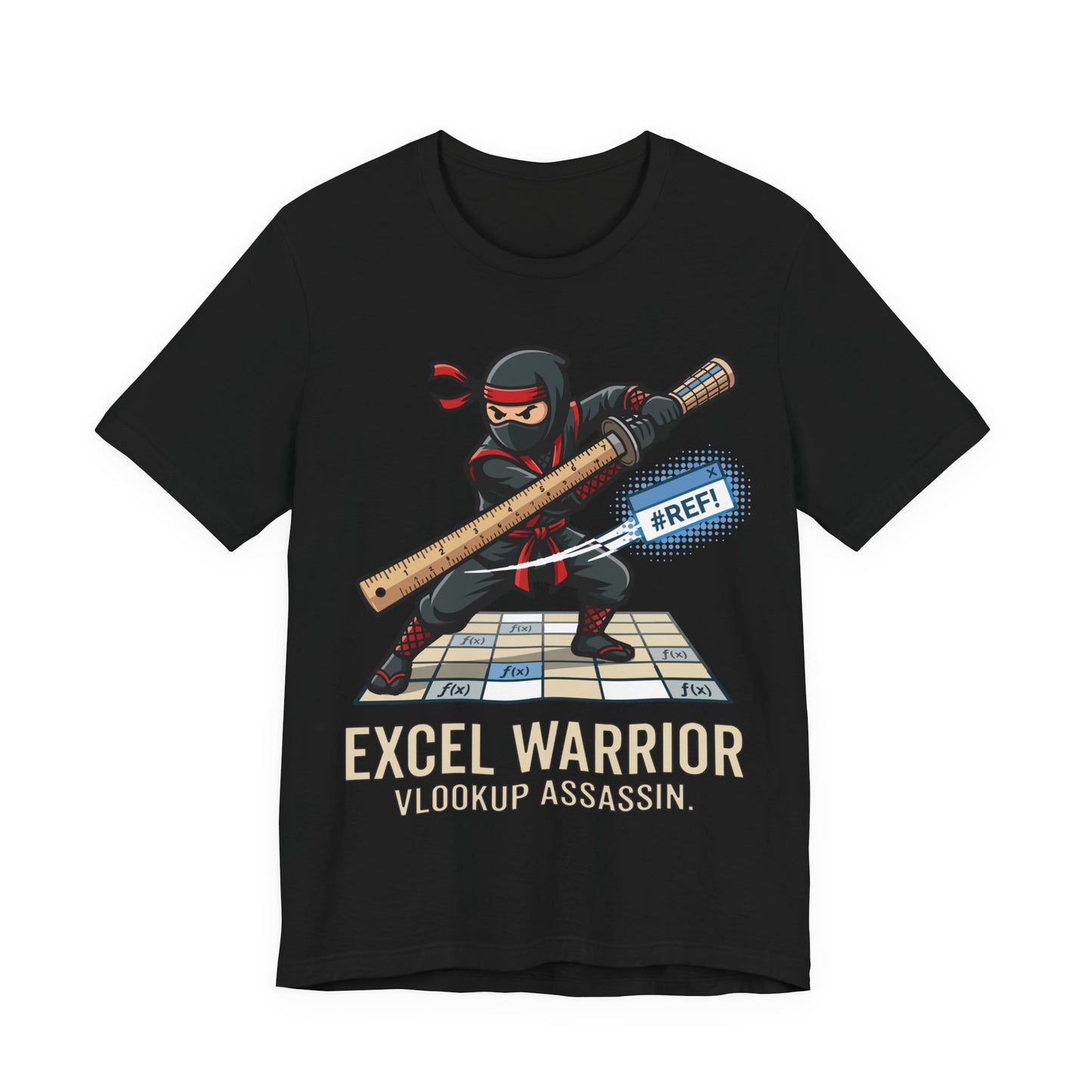 Black Bella+Canvas 3001 unisex tee with Excel Warrior VLOOKUP Assassin ninja spreadsheet graphic, flat lay
