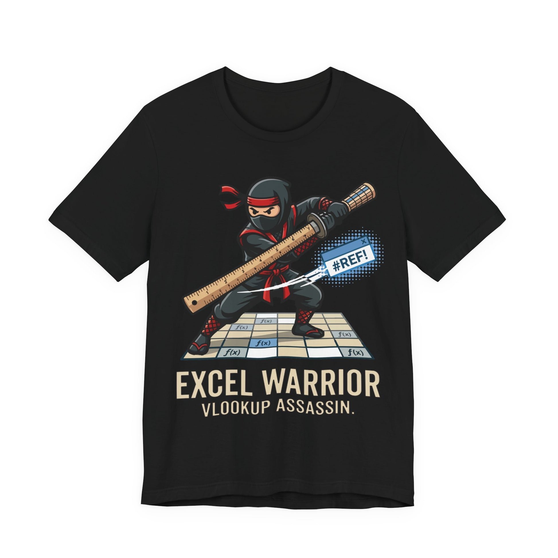 Black Bella+Canvas 3001 unisex tee with Excel Warrior VLOOKUP Assassin ninja spreadsheet graphic, flat lay