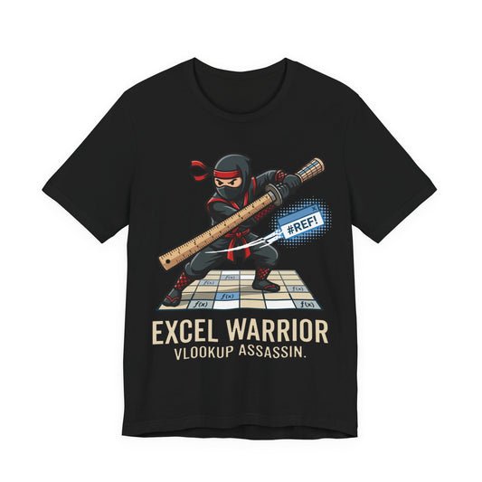 Black Bella+Canvas 3001 unisex tee with Excel Warrior VLOOKUP Assassin ninja spreadsheet graphic, flat lay