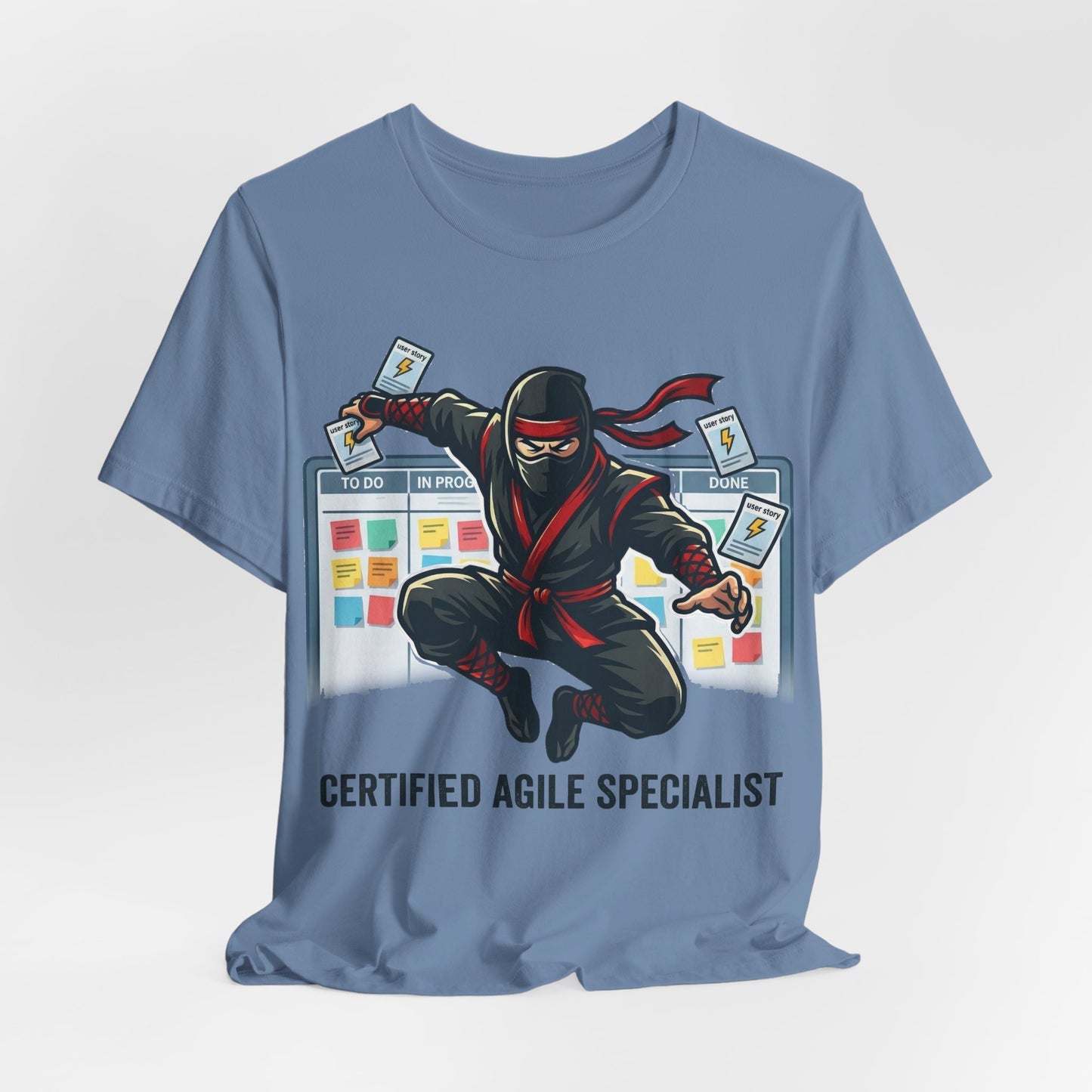 Natural Bella+Canvas 3001 unisex tee with Certified Agile Specialist ninja kanban design, detail view